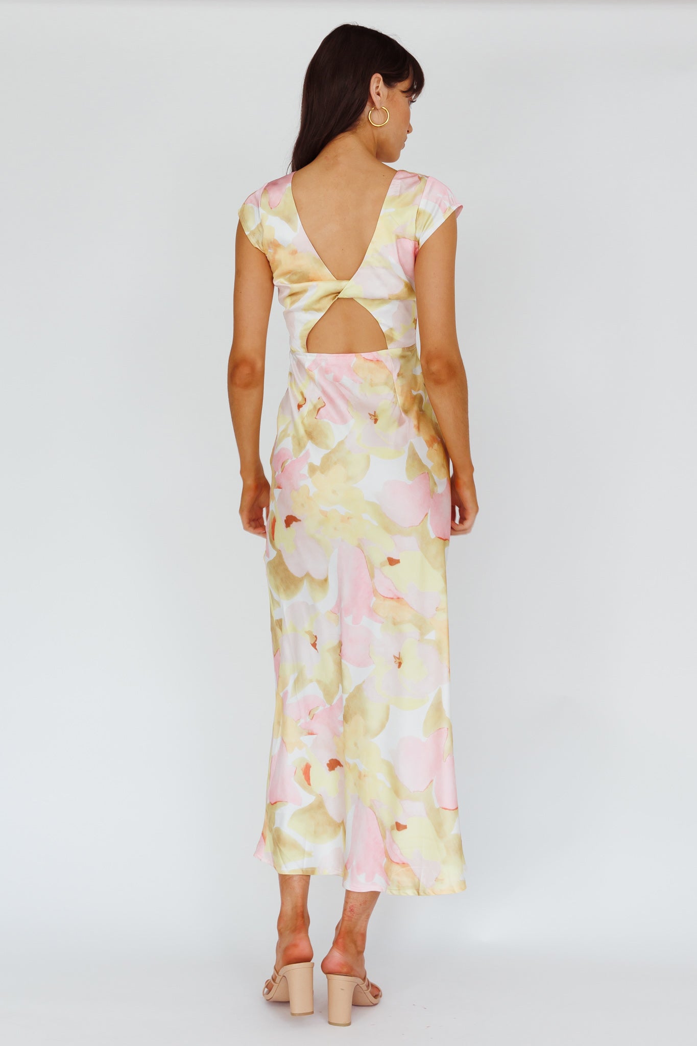 Lucinda Cap Sleeve Twist Back Midi Dress Flower Pink-Maymioy