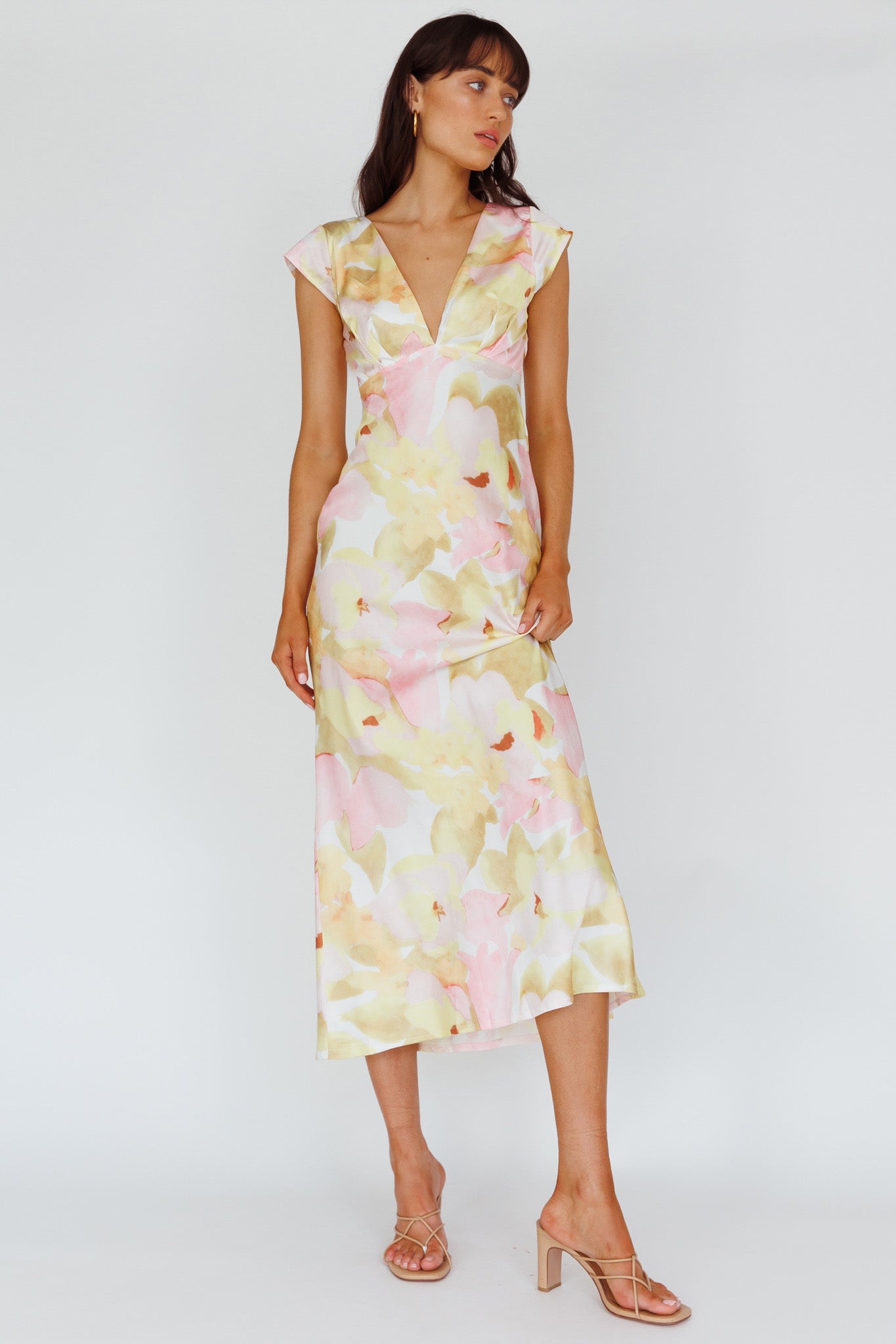 Lucinda Cap Sleeve Twist Back Midi Dress Flower Pink-Maymioy