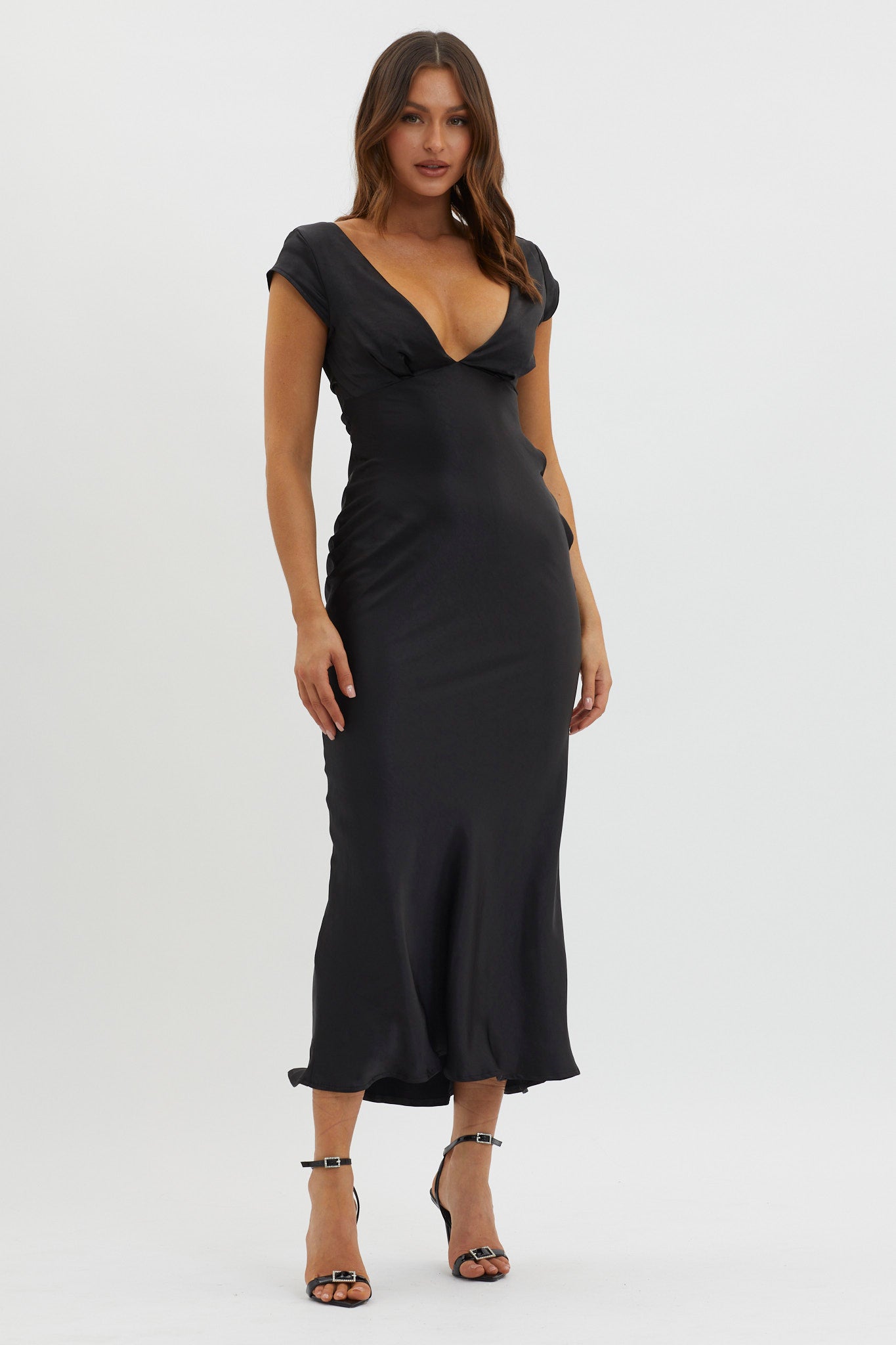 Lucinda V-Neck Twist Back Midi Dress Black-Maymioy