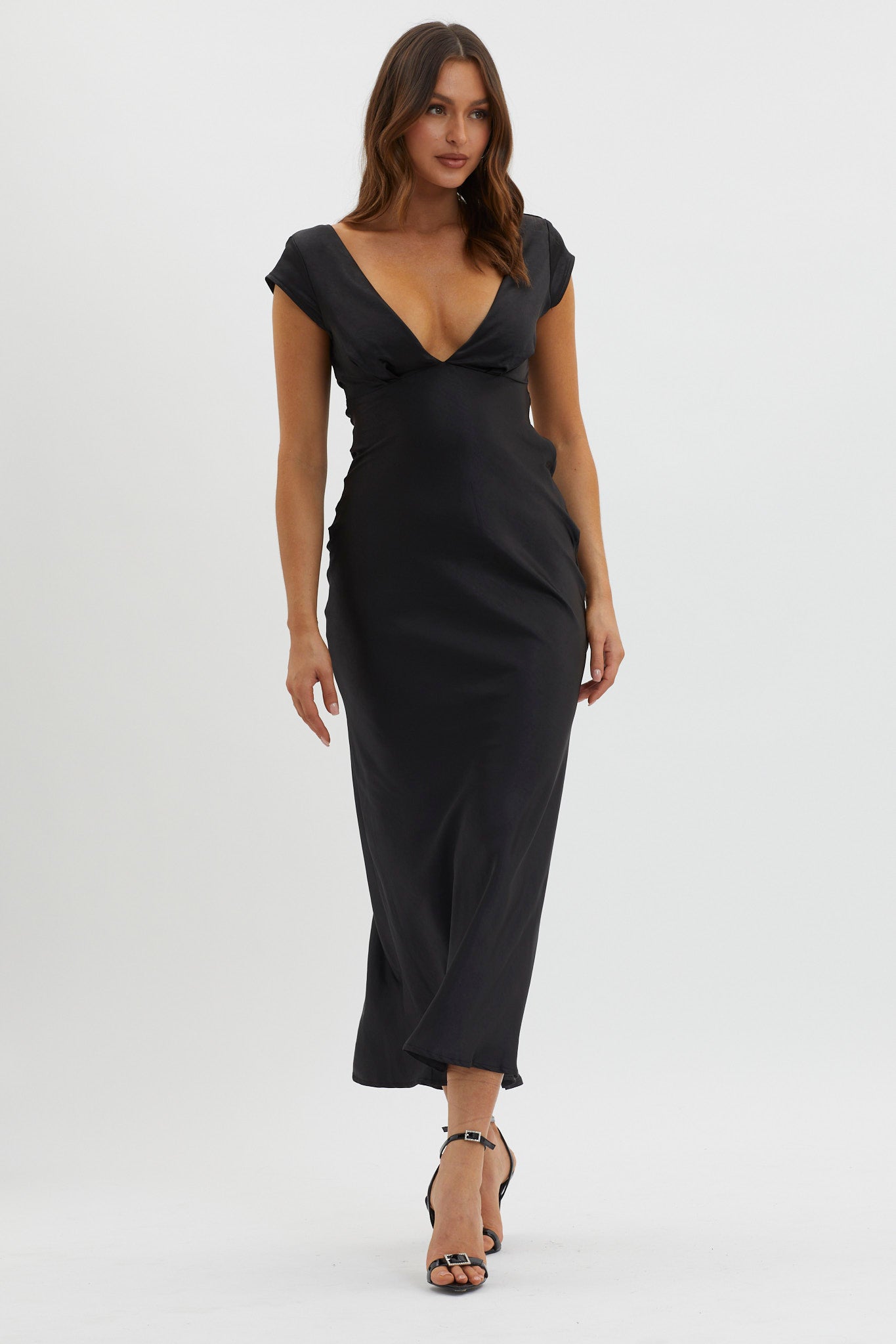 Lucinda V-Neck Twist Back Midi Dress Black-Maymioy