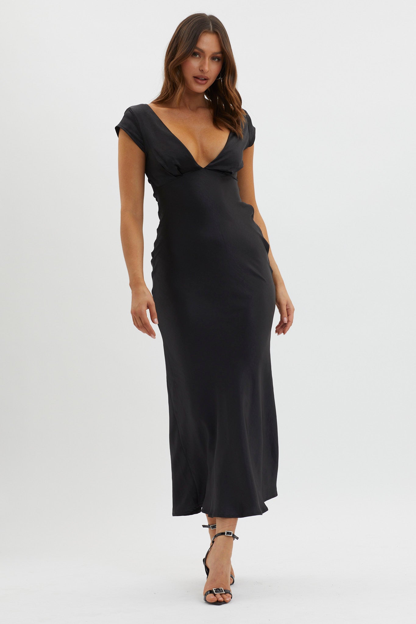 Lucinda V-Neck Twist Back Midi Dress Black-Maymioy