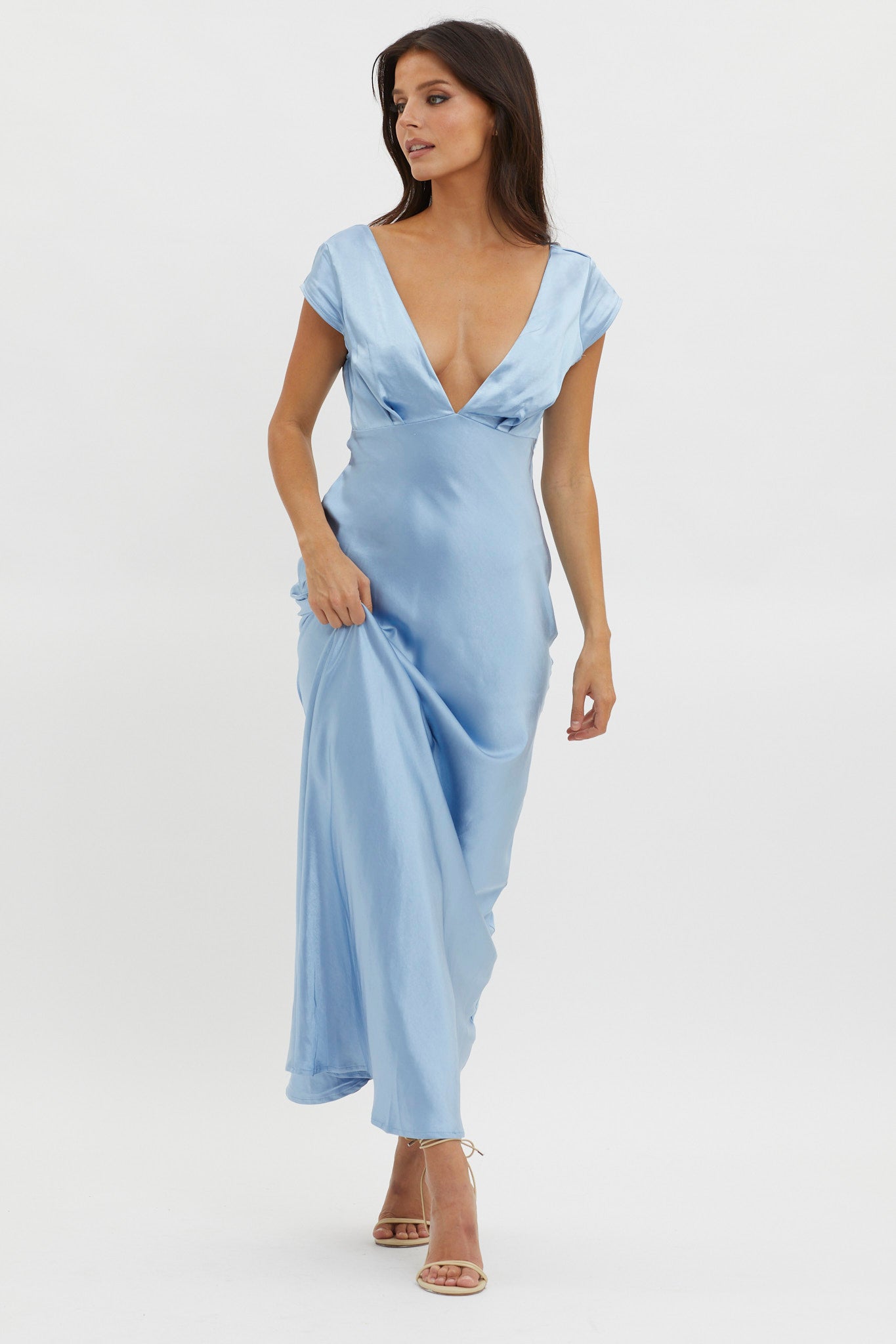 Lucinda V-Neck Twist Back Midi Dress Blue-Maymioy