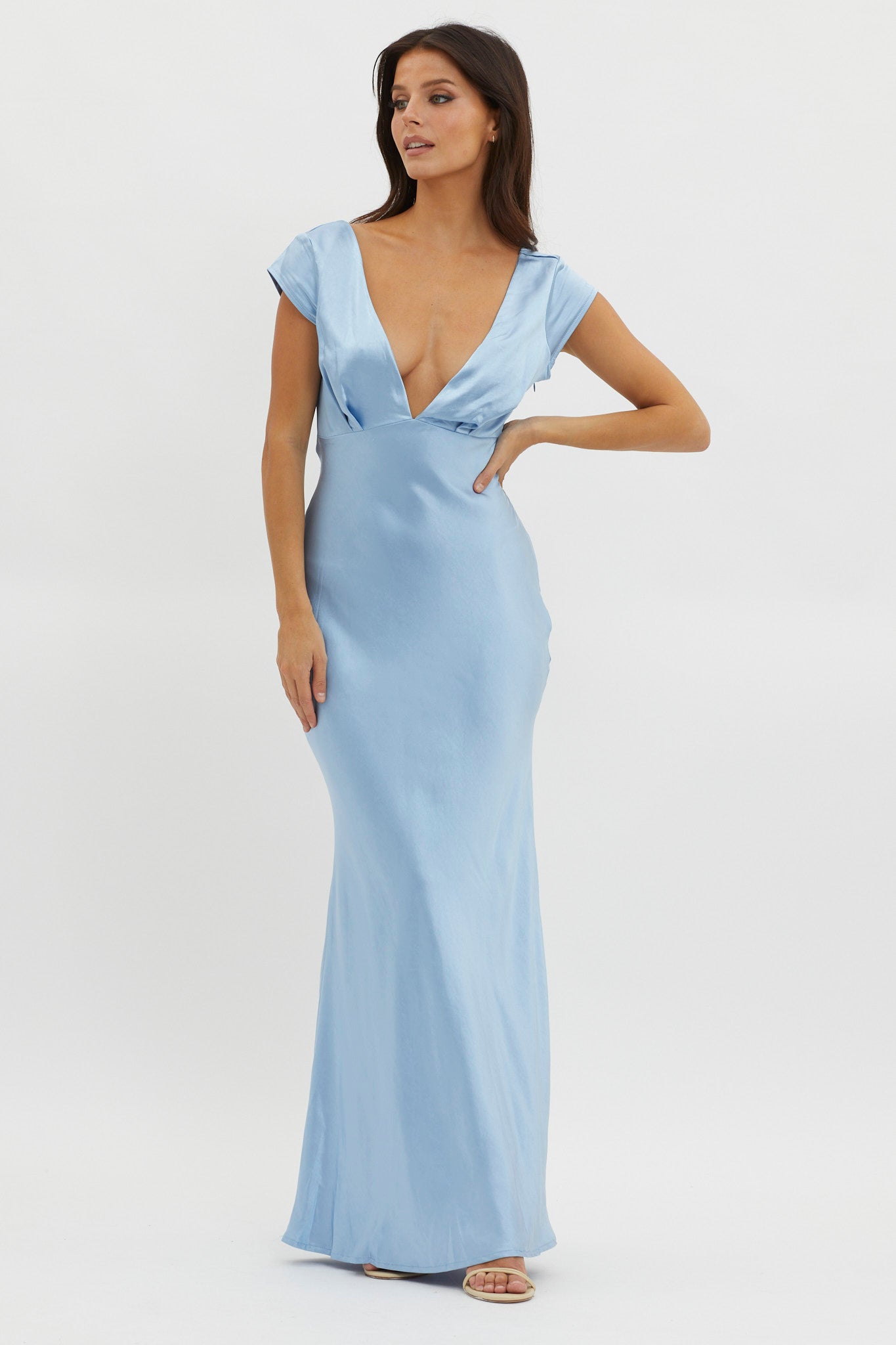 Lucinda V-Neck Twist Back Midi Dress Blue-Maymioy