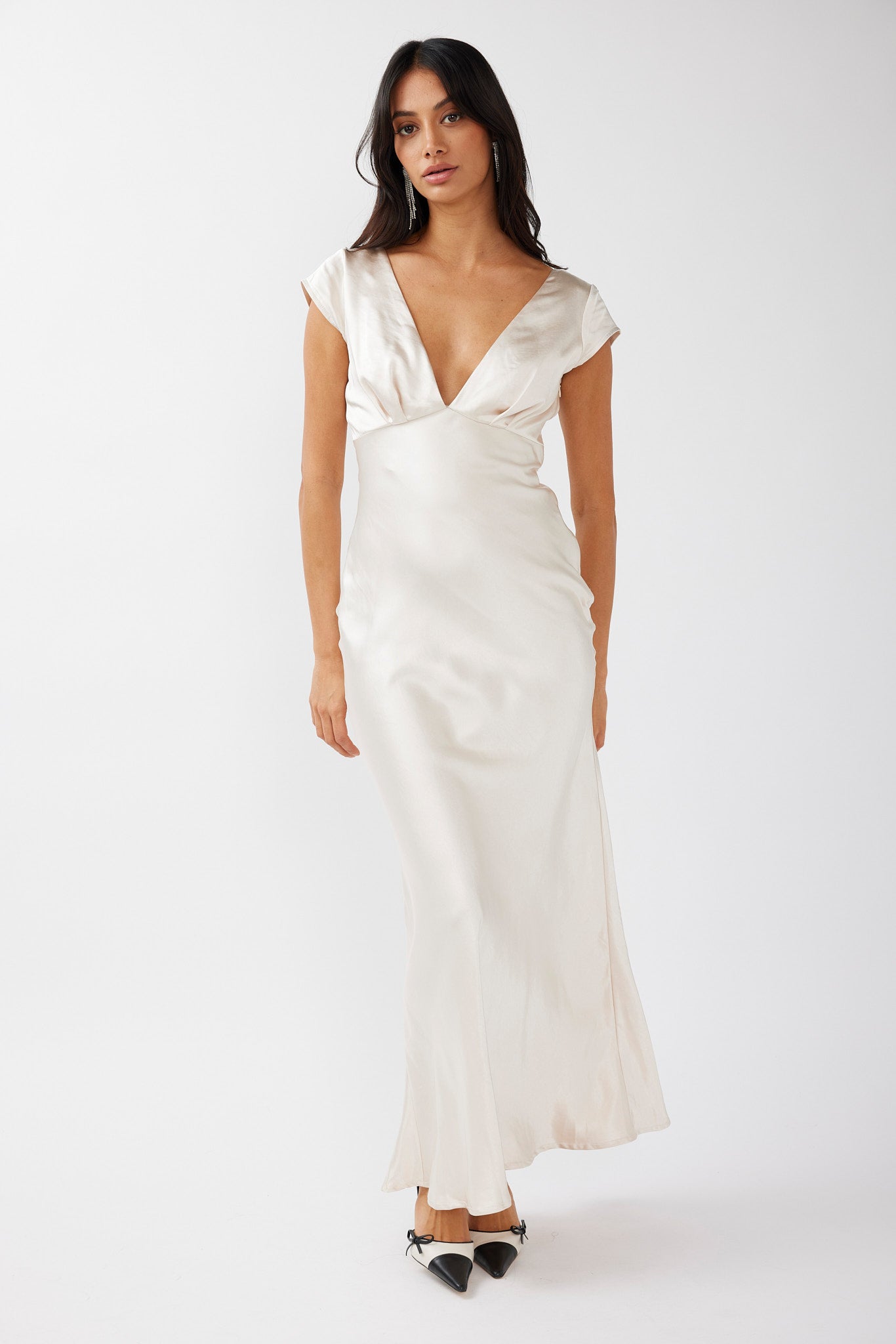Lucinda V-Neck Twist Back Midi Dress Champagne-Maymioy