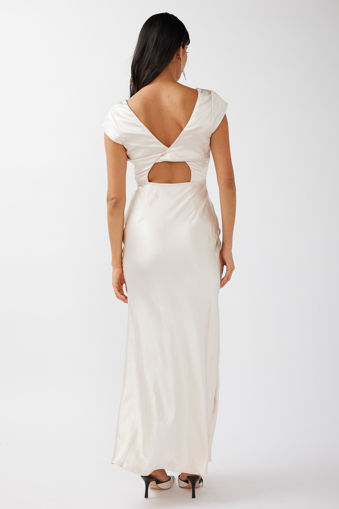 Lucinda V-Neck Twist Back Midi Dress Champagne-Maymioy
