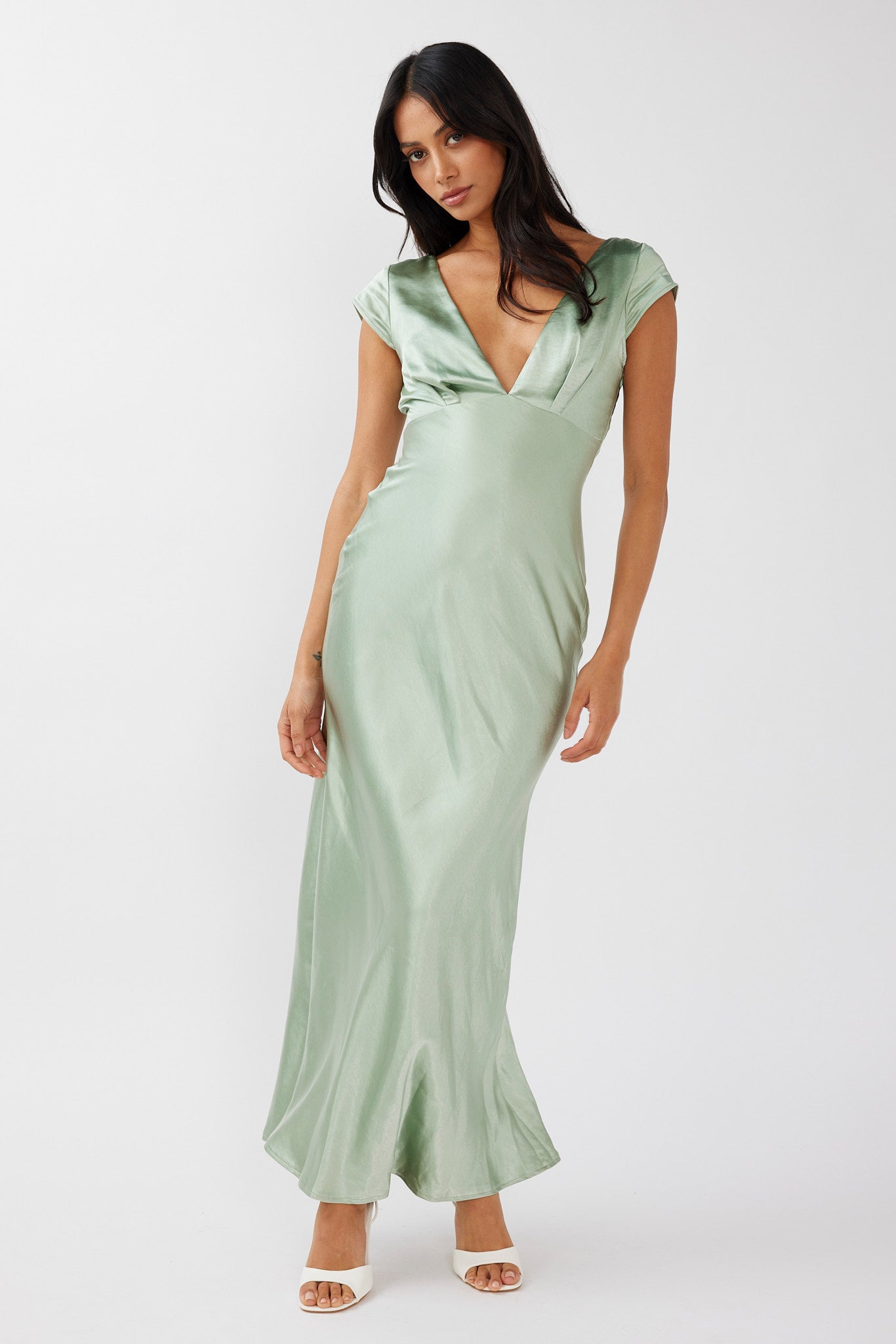 Lucinda V-Neck Twist Back Midi Dress Sage-Maymioy