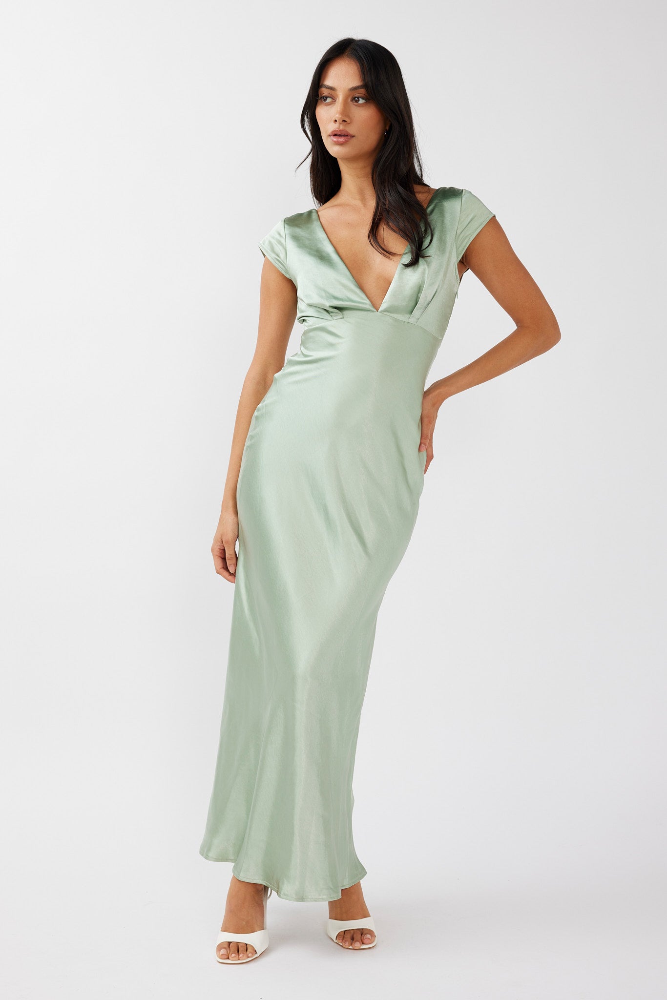 Lucinda V-Neck Twist Back Midi Dress Sage-Maymioy