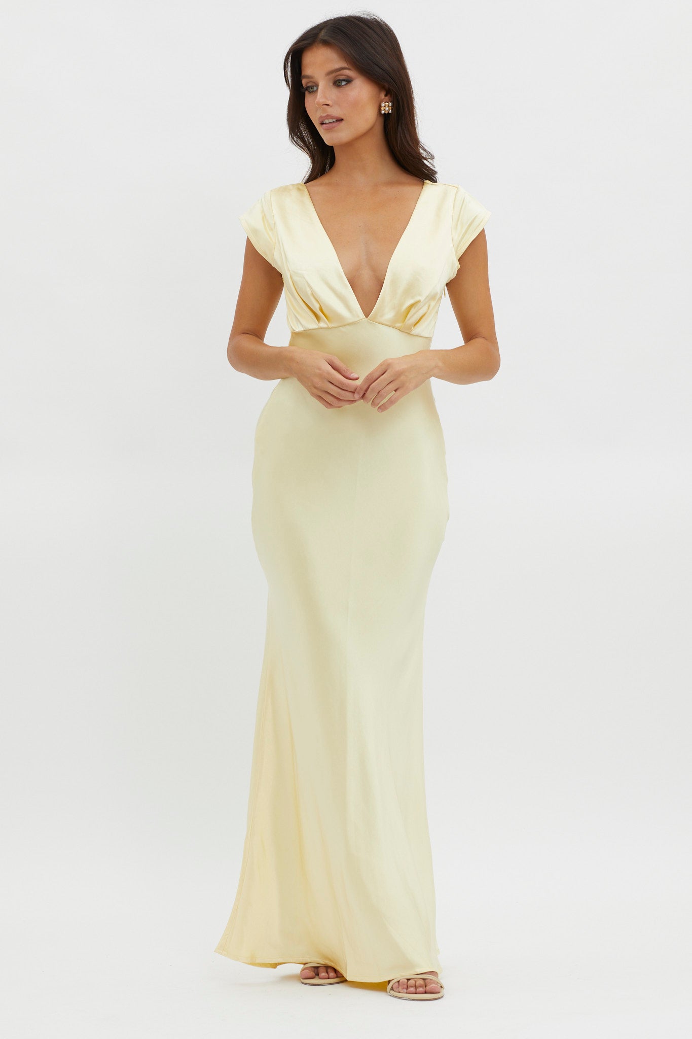 Lucinda V-Neck Twist Back Midi Dress Yellow-Maymioy