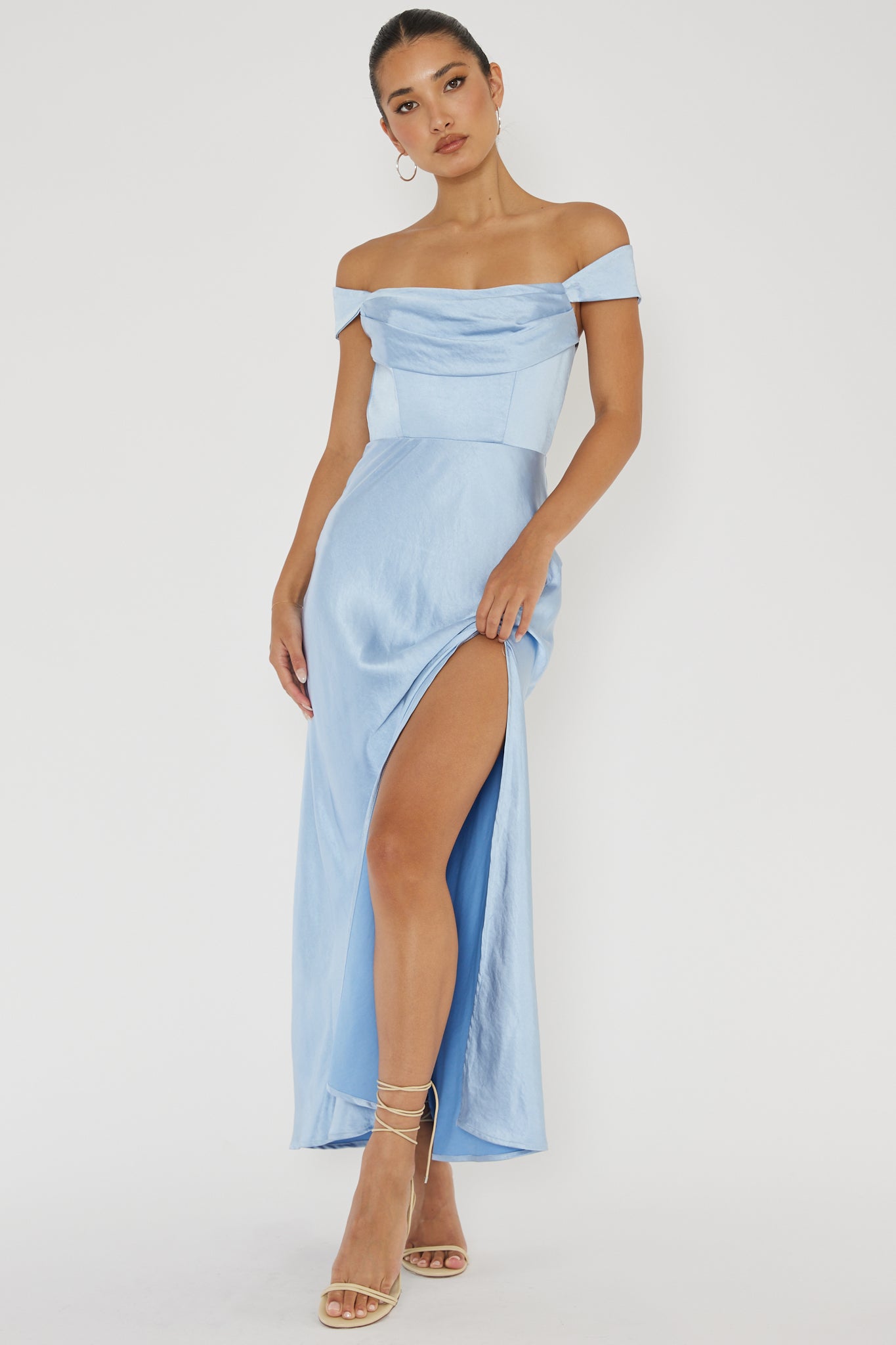 Lucinda Off-Shoulder V-Back Dress Blue-Maymioy