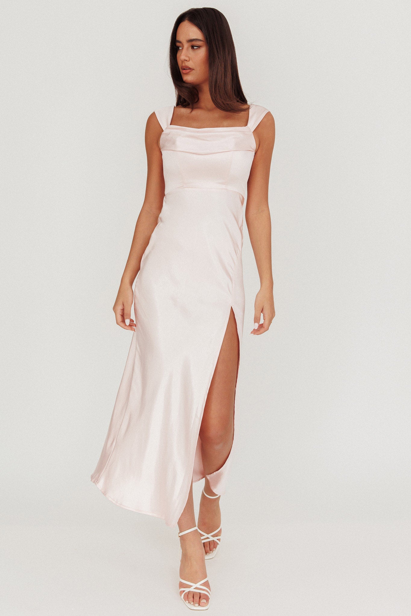 Lucinda Off-Shoulder V-Back Dress Blush-Maymioy