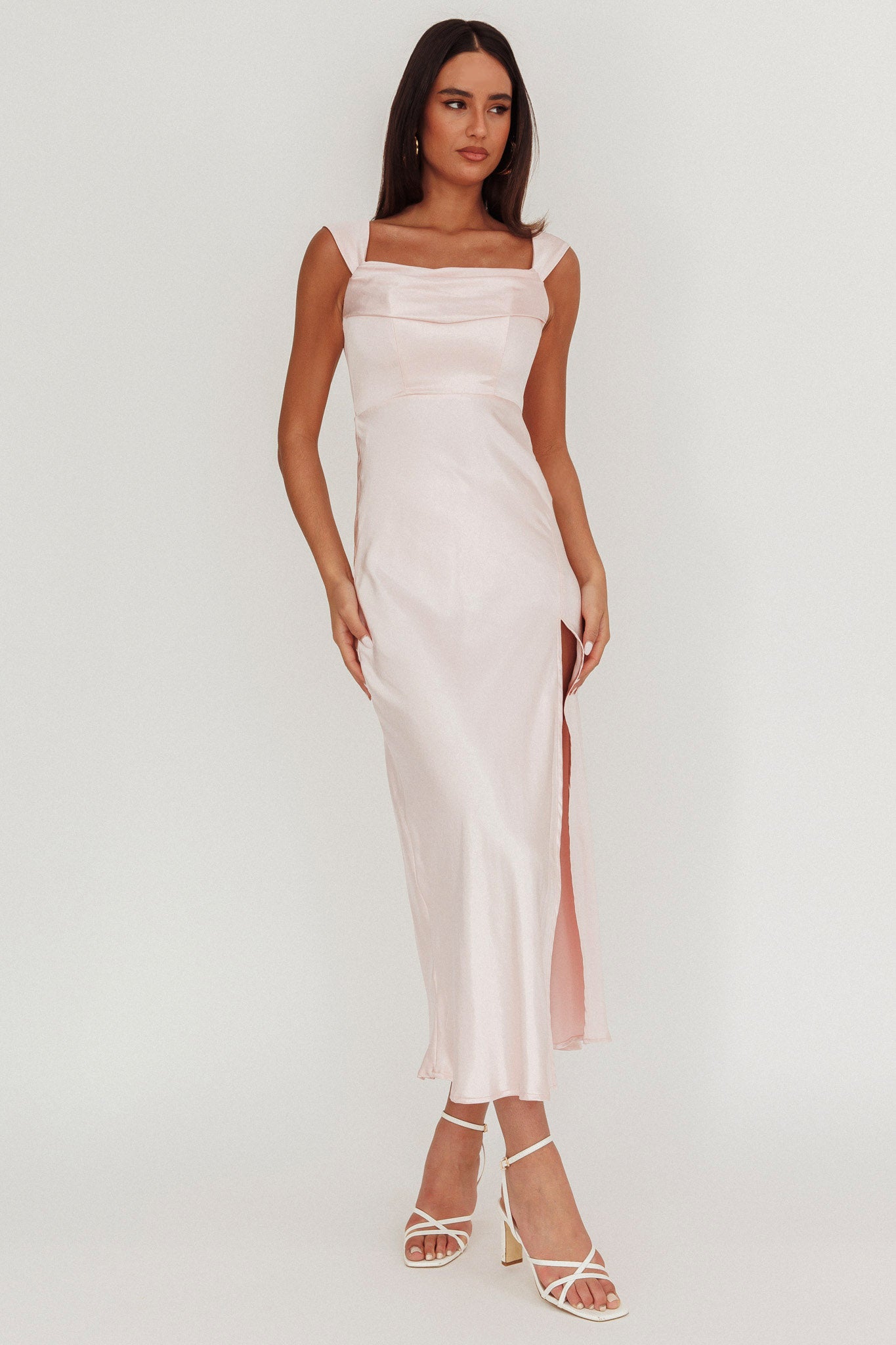 Lucinda Off-Shoulder V-Back Dress Blush-Maymioy