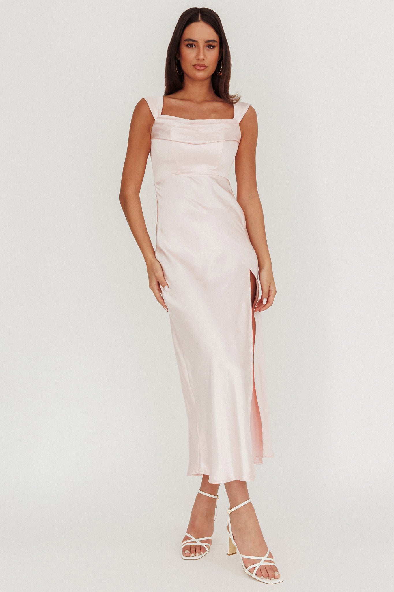 Lucinda Off-Shoulder V-Back Dress Blush-Maymioy