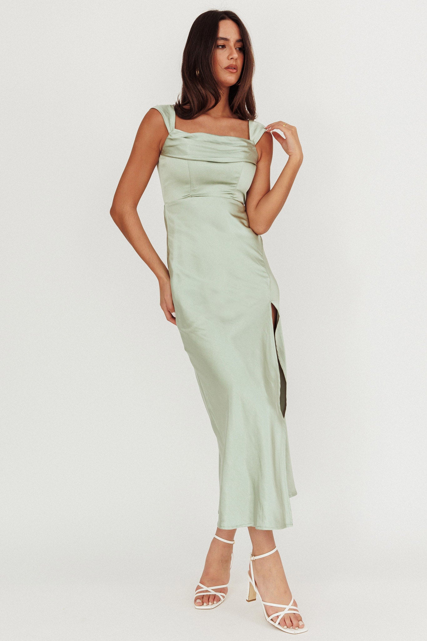 Lucinda Off-Shoulder V-Back Dress Sage-Maymioy