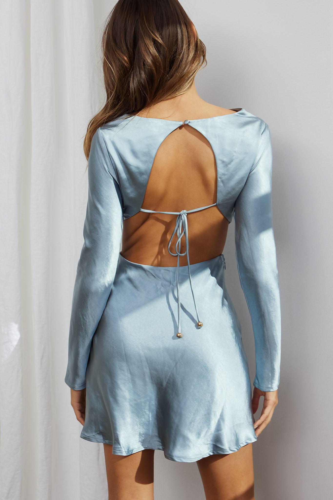 Northern Lights Long Sleeve Open Back Satin Mini Dress Blue-Maymioy