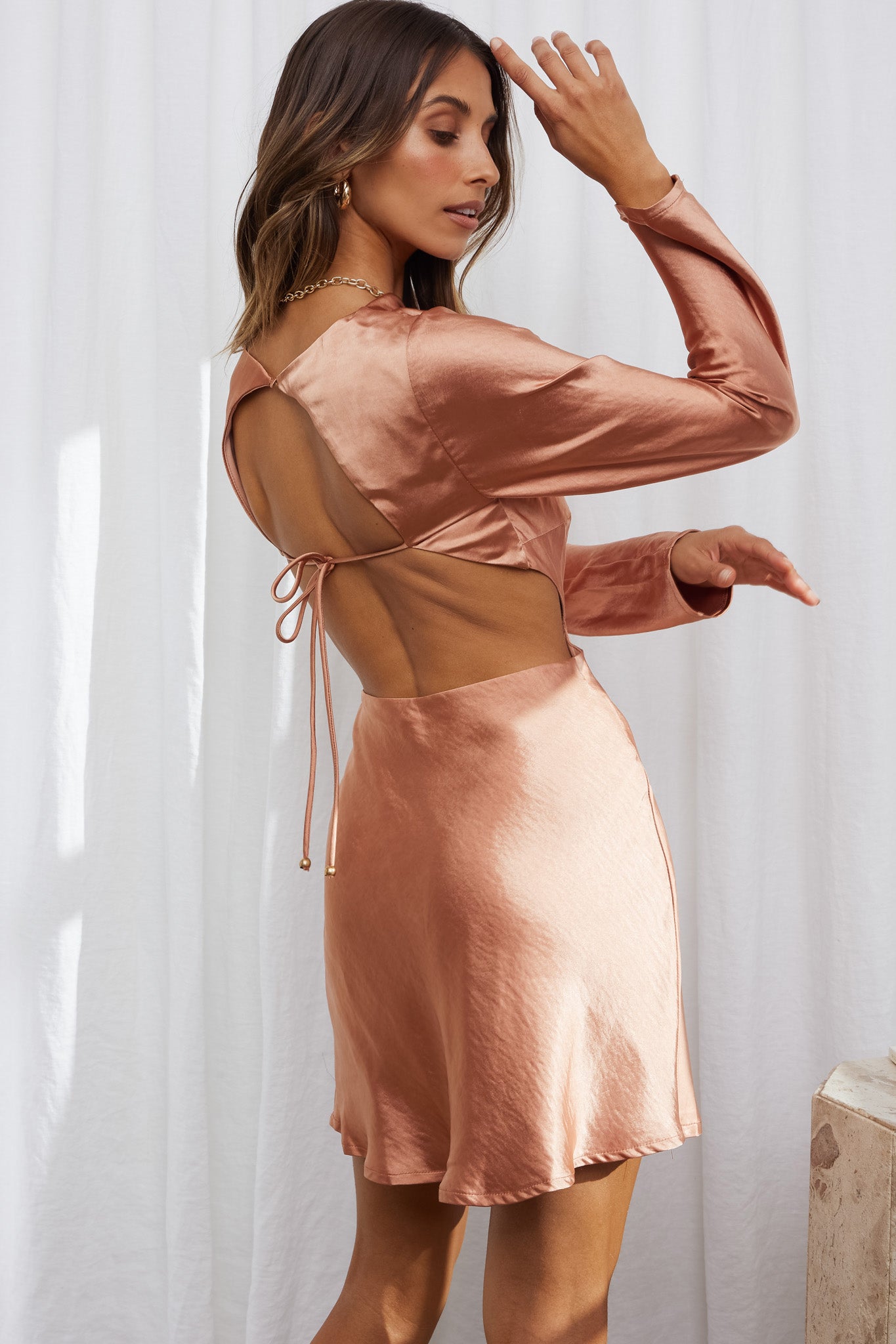 Northern Lights Long Sleeve Open Back Satin Mini Dress Bronze-Maymioy