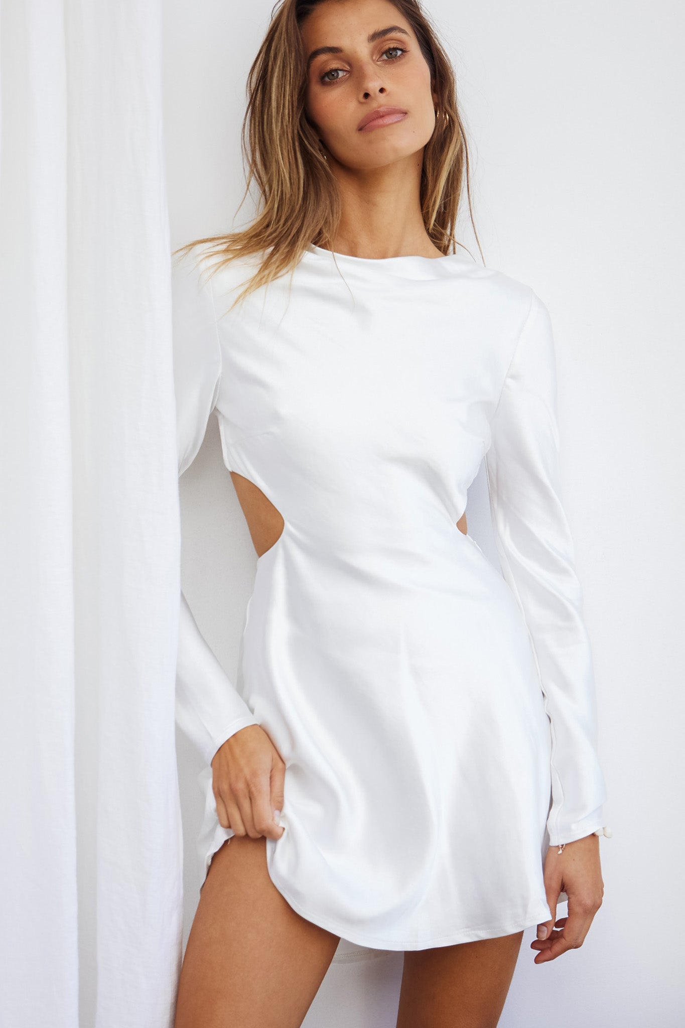 Northern Lights Long Sleeve Open Back Satin Mini Dress Ivory-Maymioy