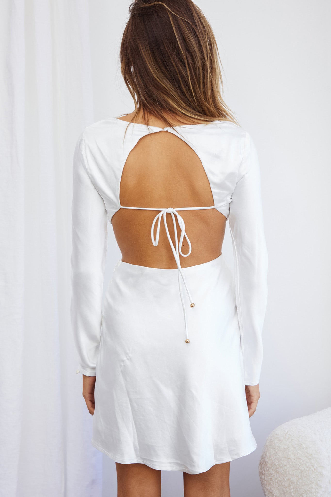 Northern Lights Long Sleeve Open Back Satin Mini Dress Ivory-Maymioy