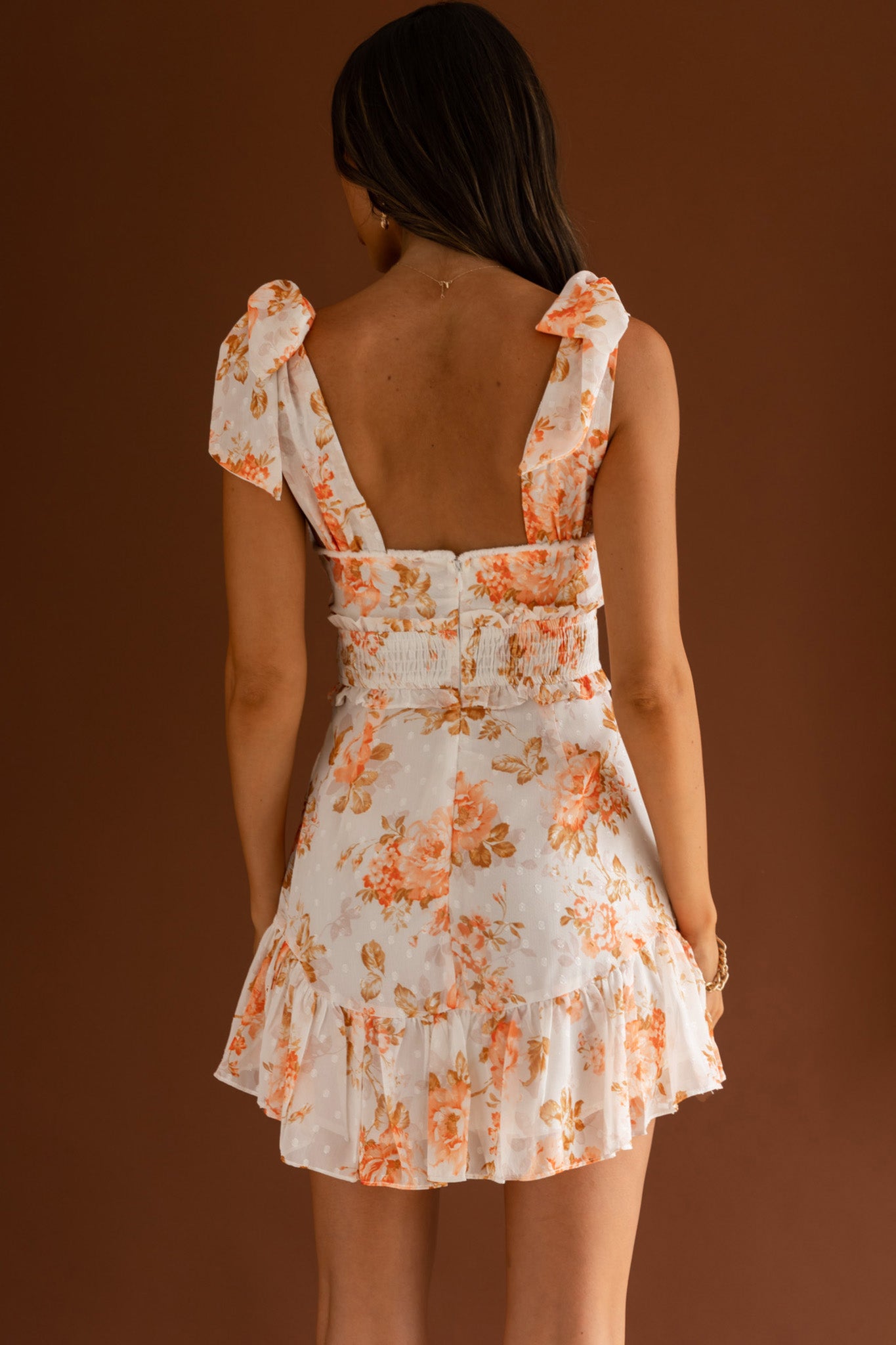 Break Of Dawn Bow Shoulder Shirred Waist Dress Floral White-Maymioy
