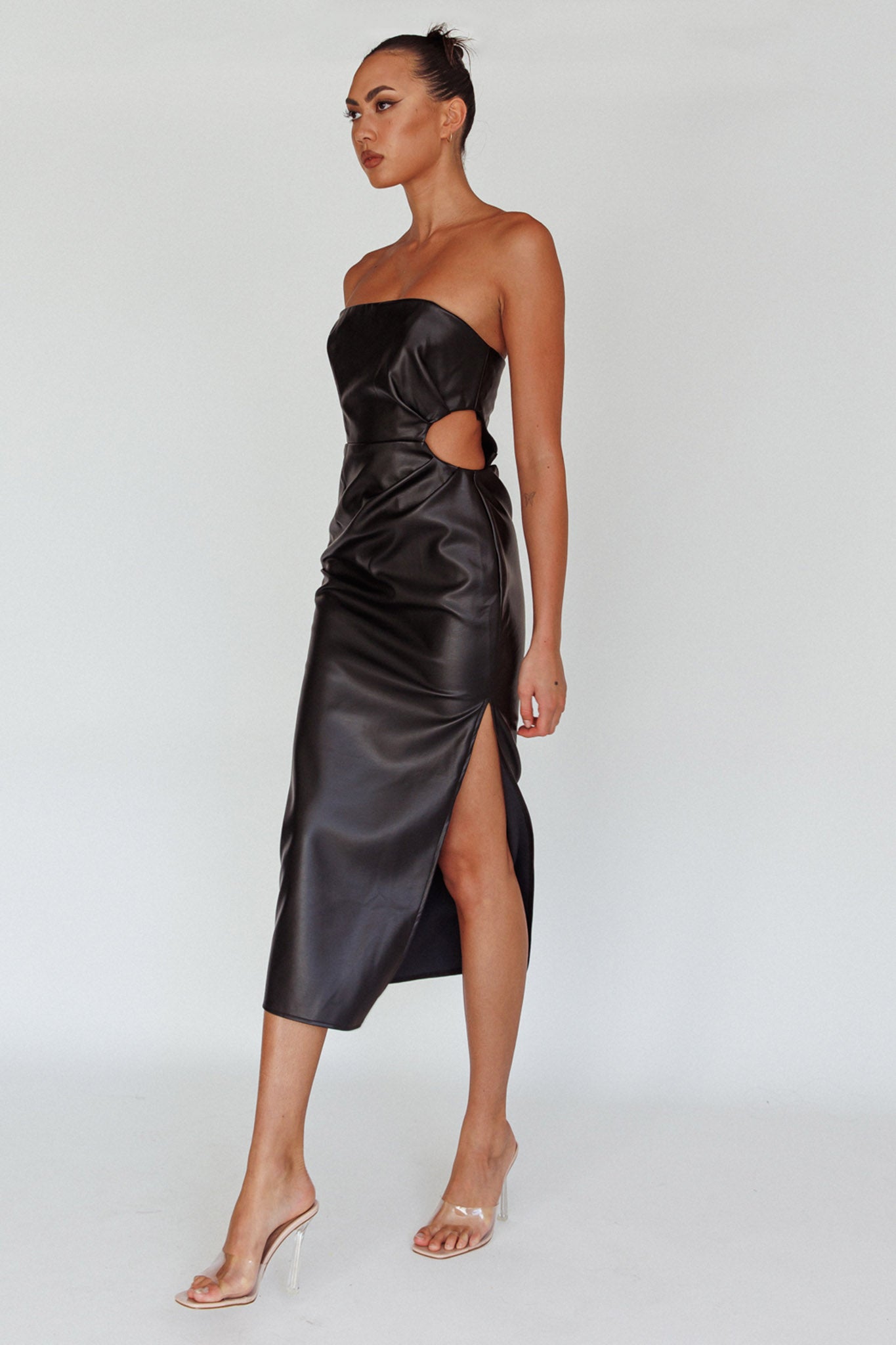 Taking Bets Strapless Midi Dress Leather Black-Maymioy