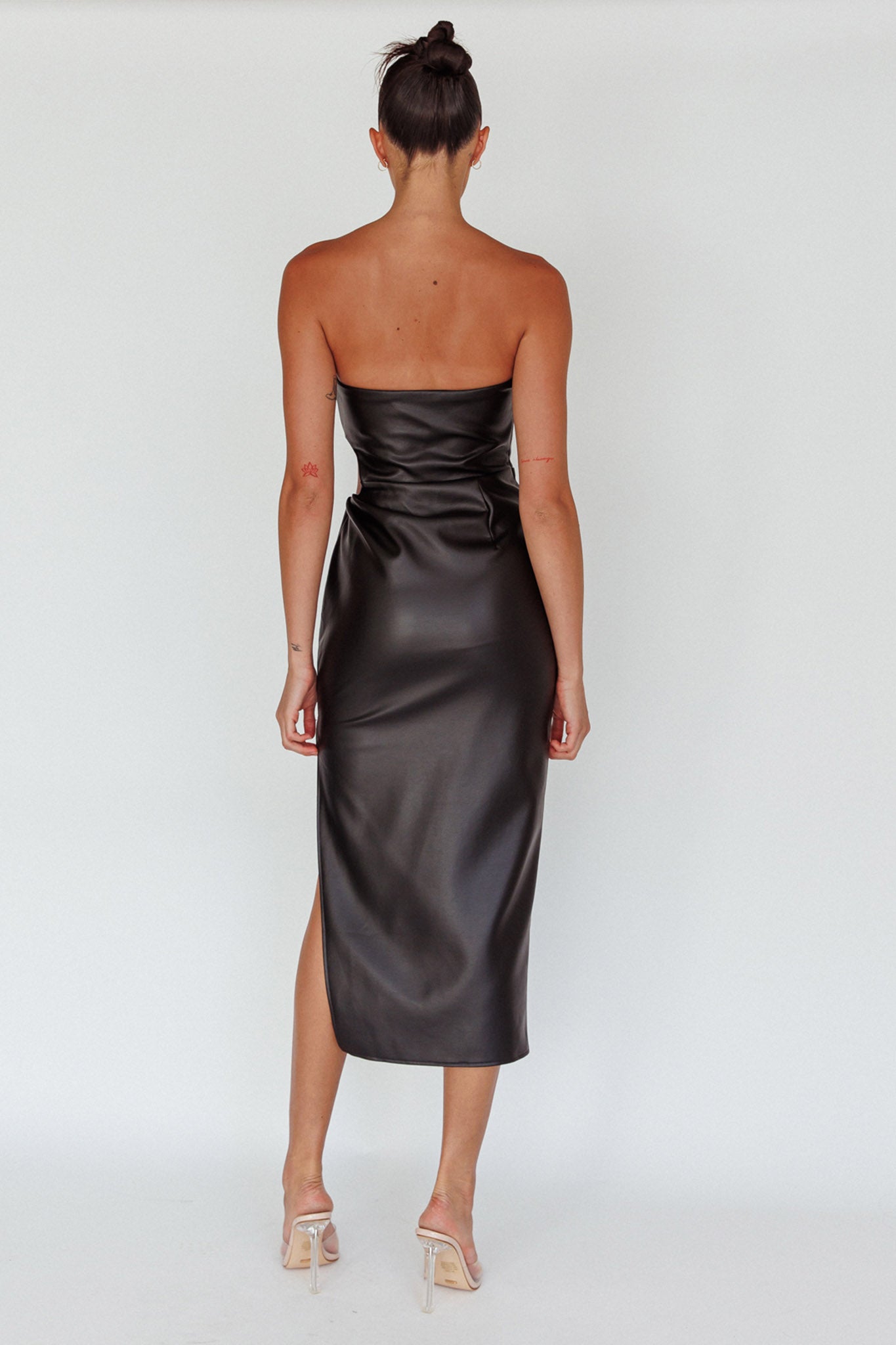 Taking Bets Strapless Midi Dress Leather Black-Maymioy