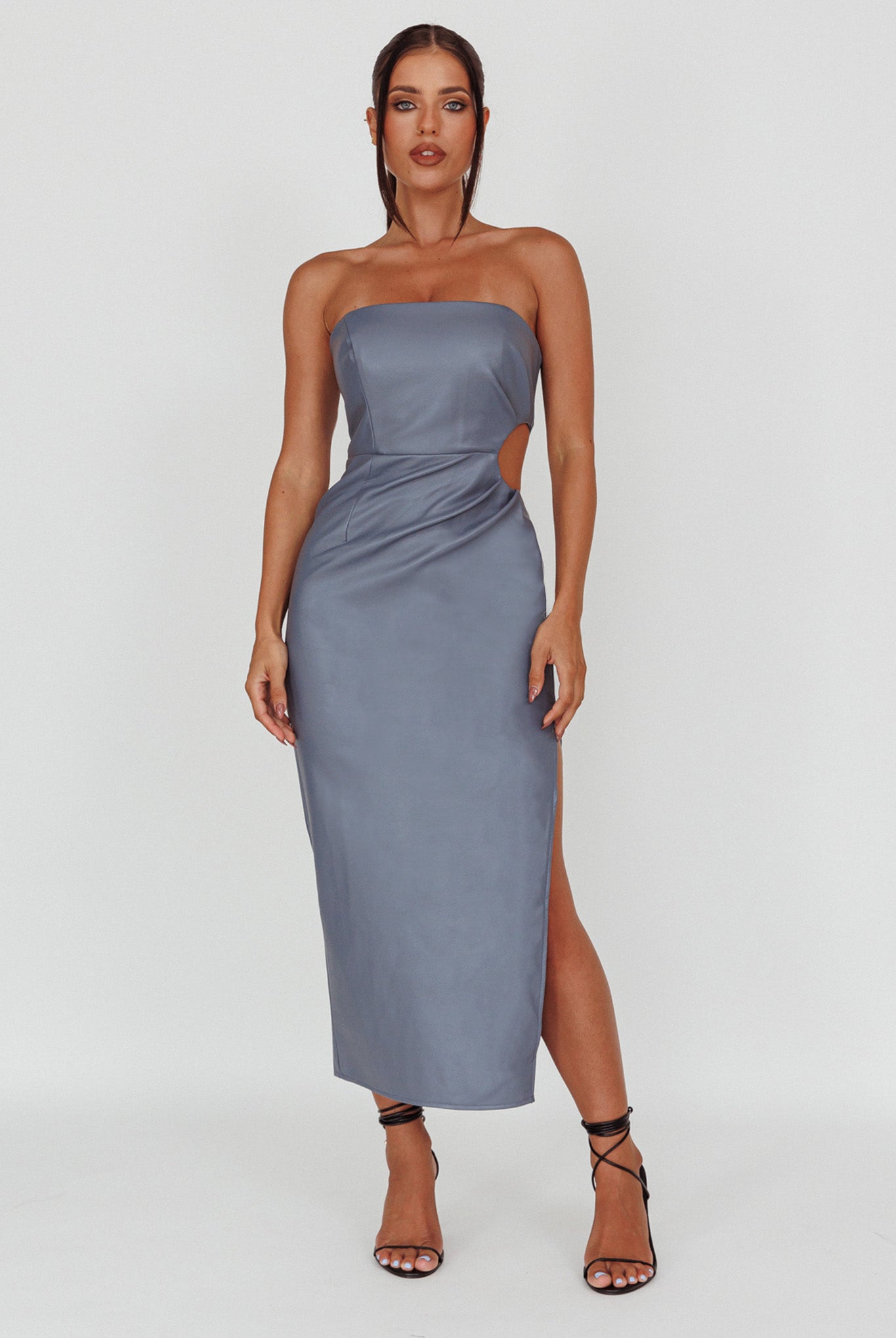 Taking Bets Strapless Midi Dress Leather Midnight Blue-Maymioy