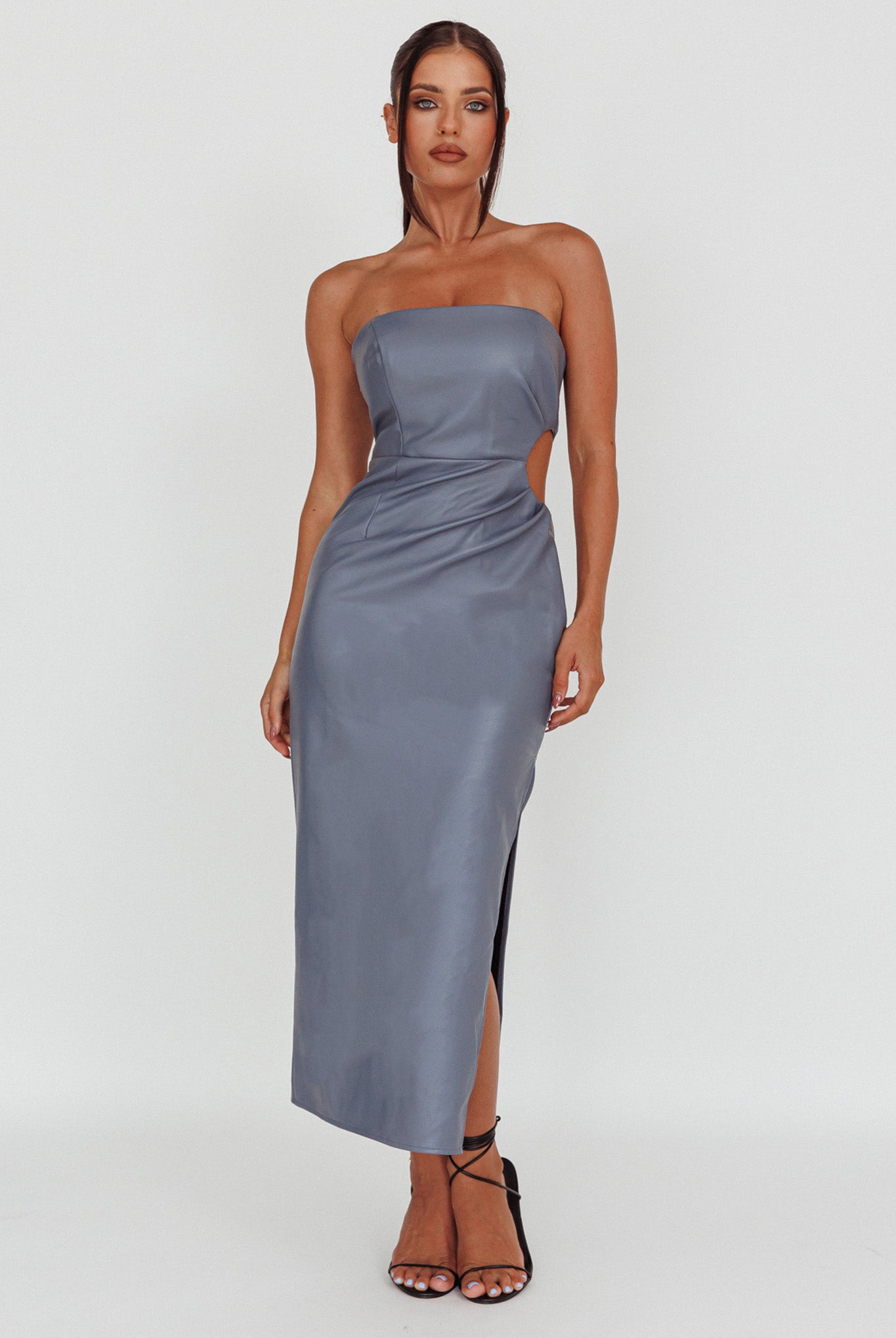 Taking Bets Strapless Midi Dress Leather Midnight Blue-Maymioy