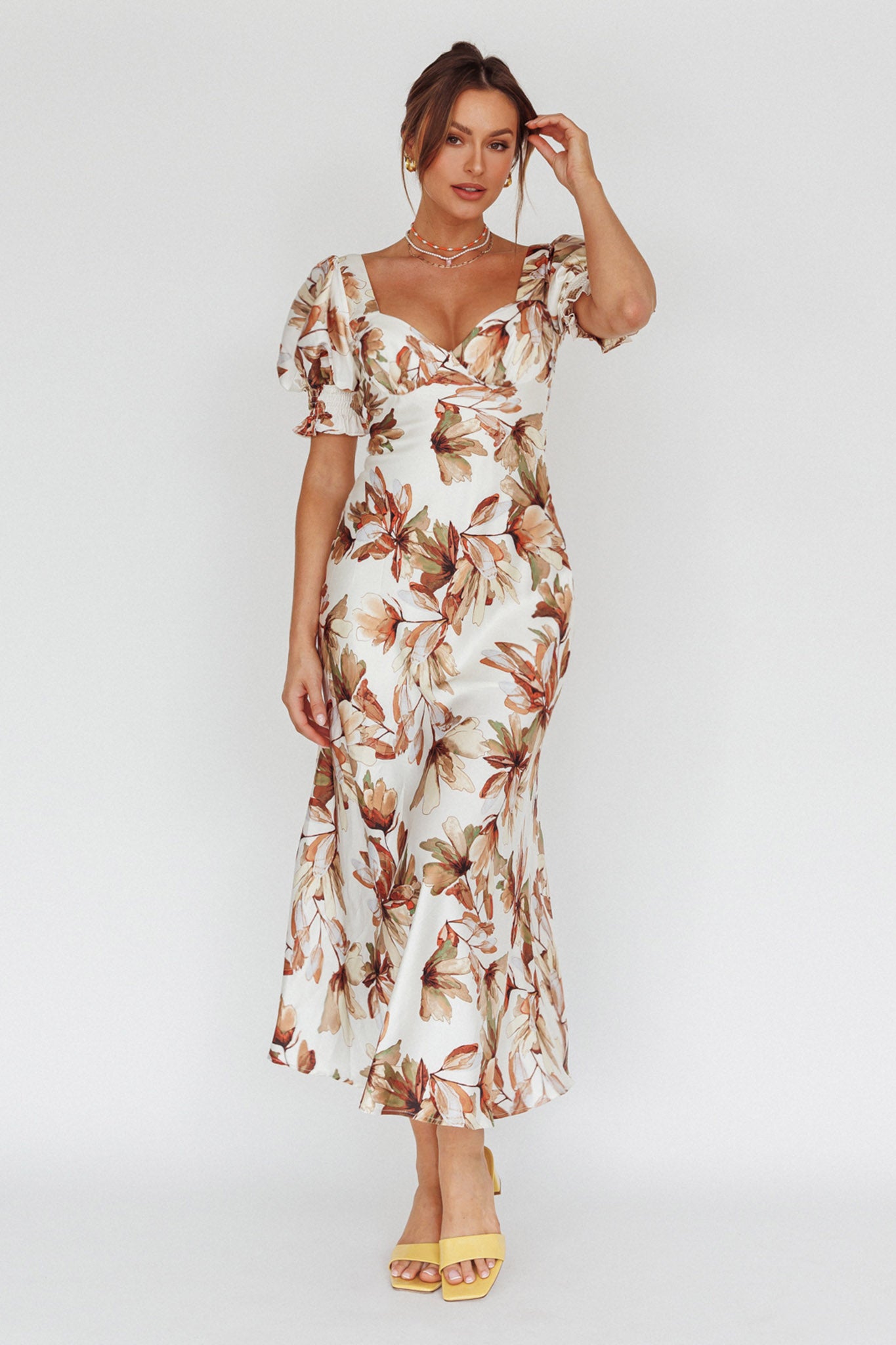 Brigita Tied Back Midi Dress Floral Brown-Maymioy