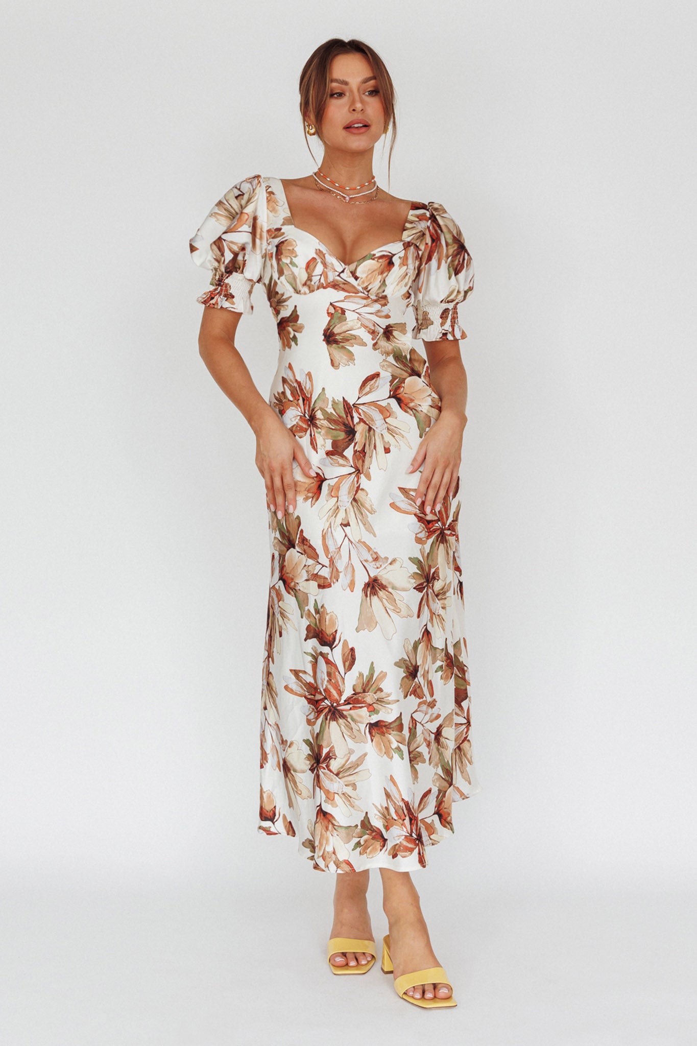 Brigita Tied Back Midi Dress Floral Brown-Maymioy