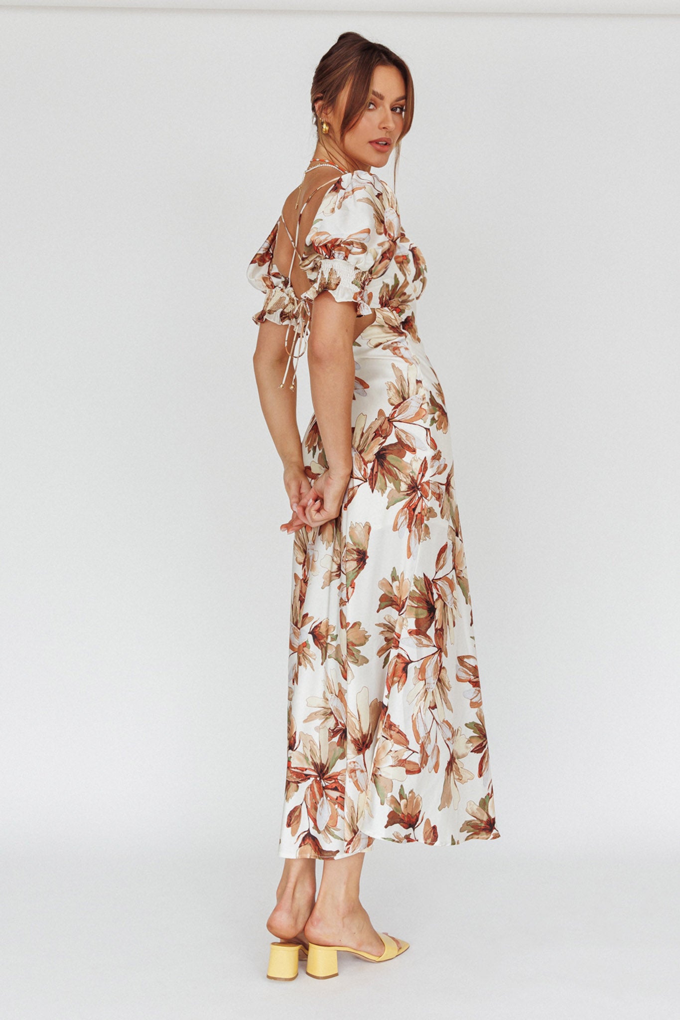 Brigita Tied Back Midi Dress Floral Brown-Maymioy