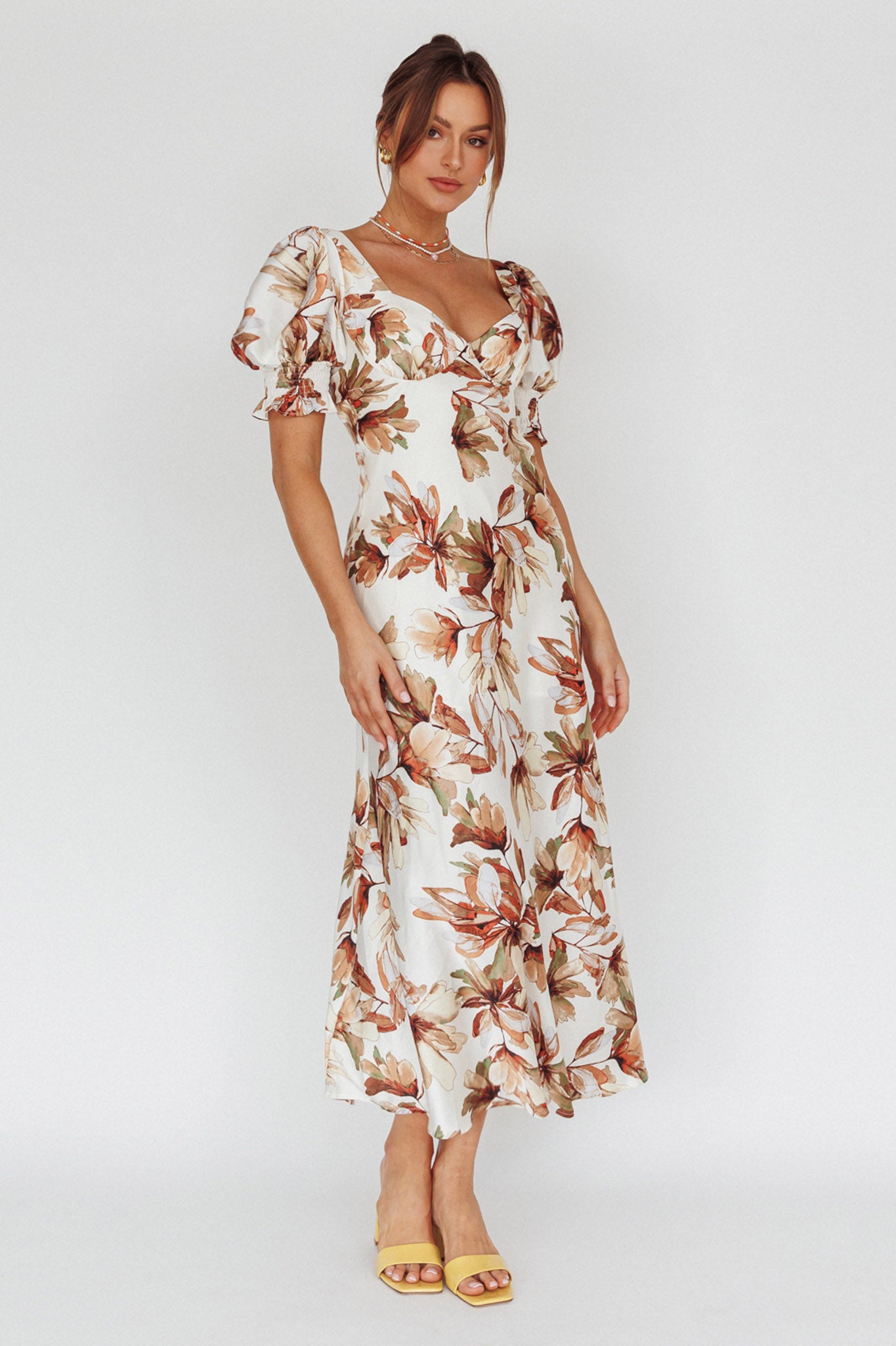 Brigita Tied Back Midi Dress Floral Brown-Maymioy