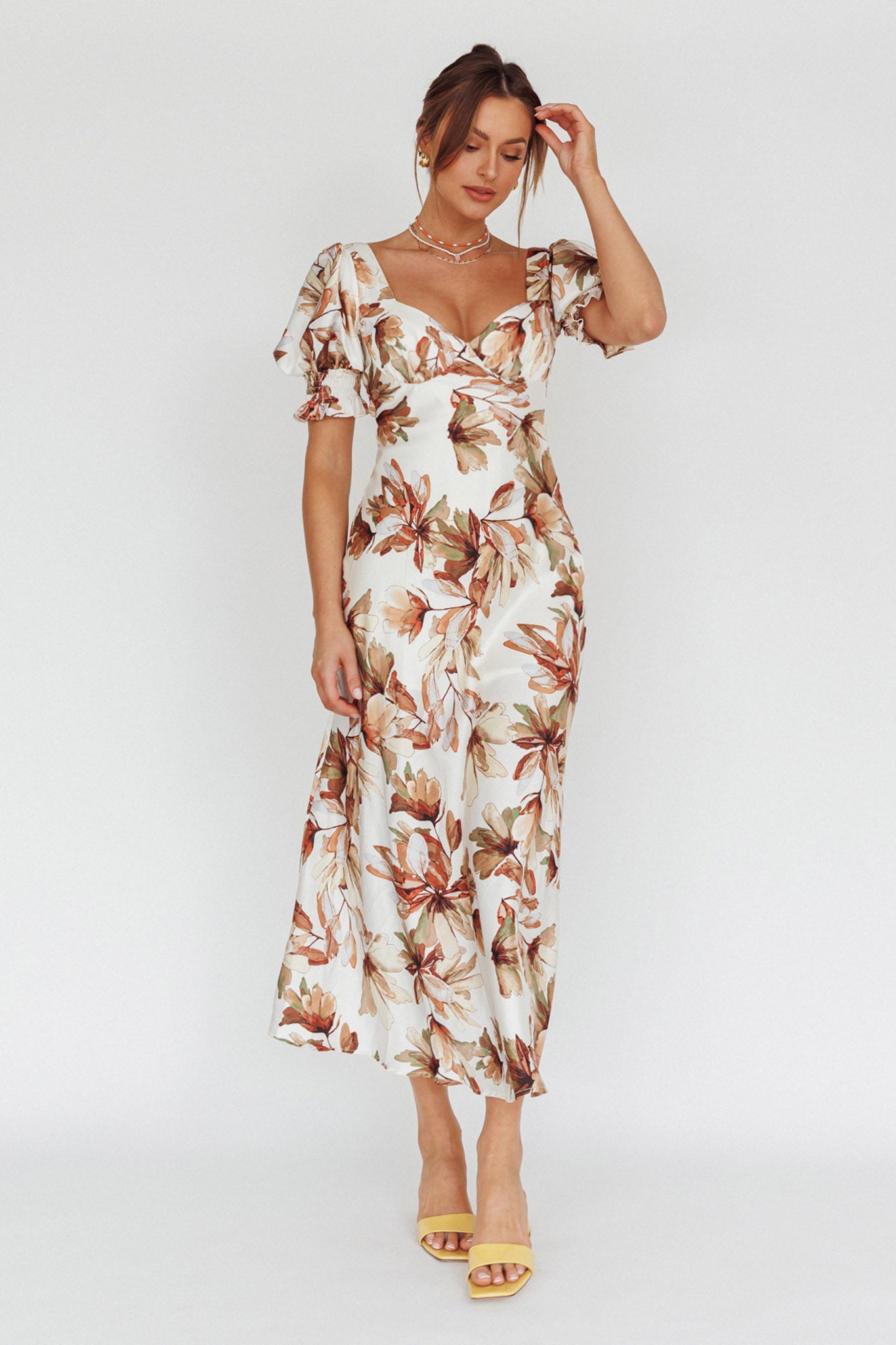Brigita Tied Back Midi Dress Floral Brown-Maymioy