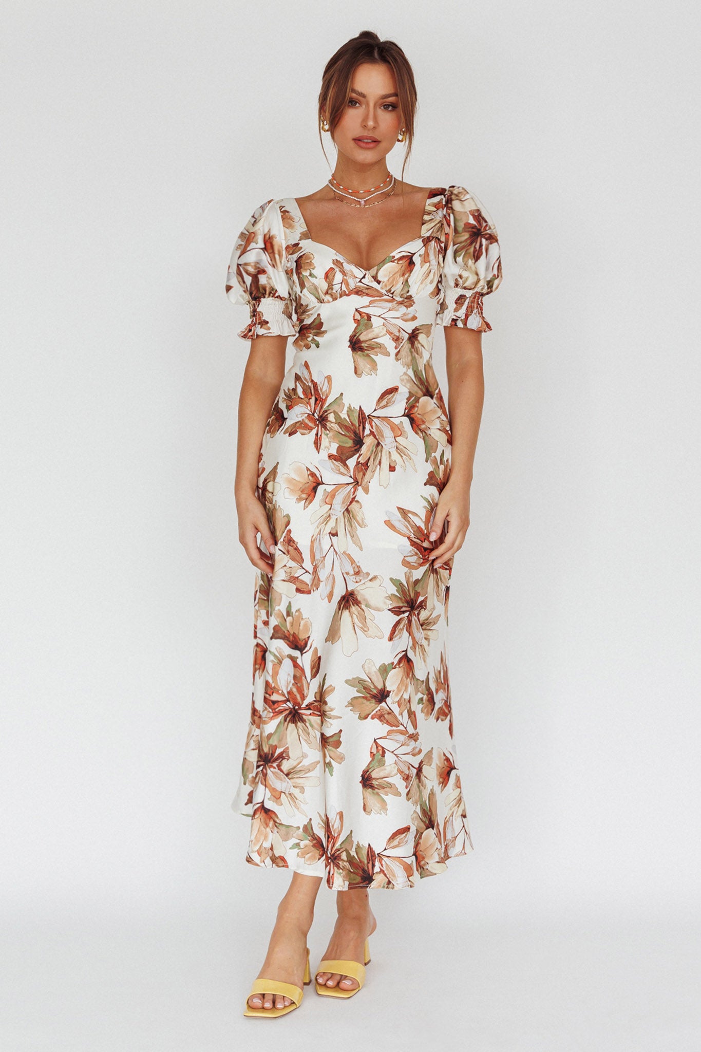 Brigita Tied Back Midi Dress Floral Brown-Maymioy