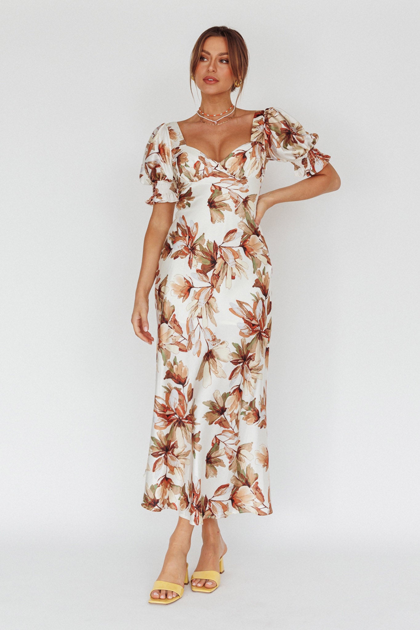 Brigita Tied Back Midi Dress Floral Brown-Maymioy