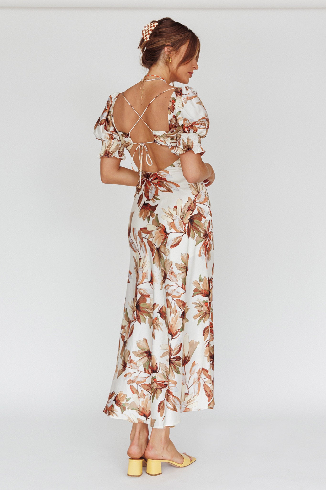 Brigita Tied Back Midi Dress Floral Brown-Maymioy