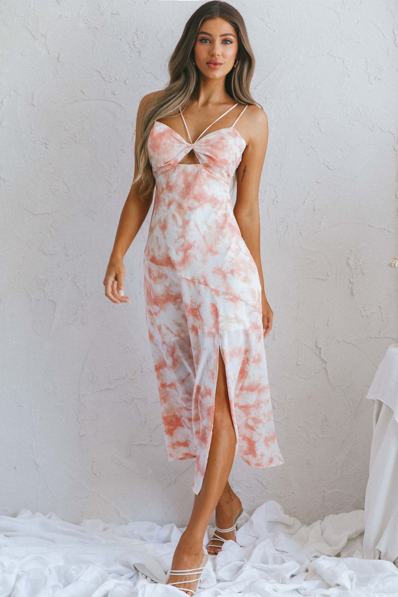 She Reigns Twist Bust Split Midi Dress Tie Dye Pink-Maymioy