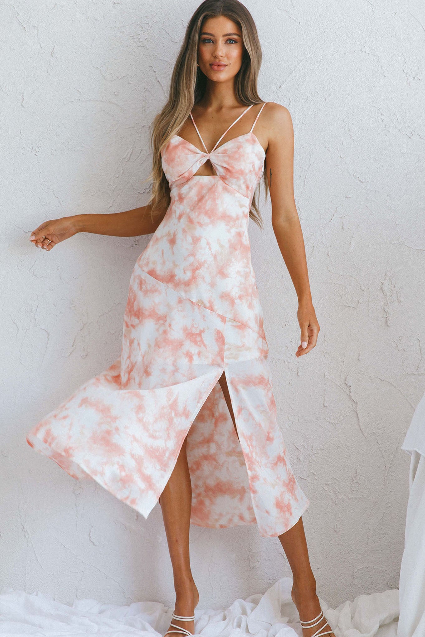 She Reigns Twist Bust Split Midi Dress Tie Dye Pink-Maymioy