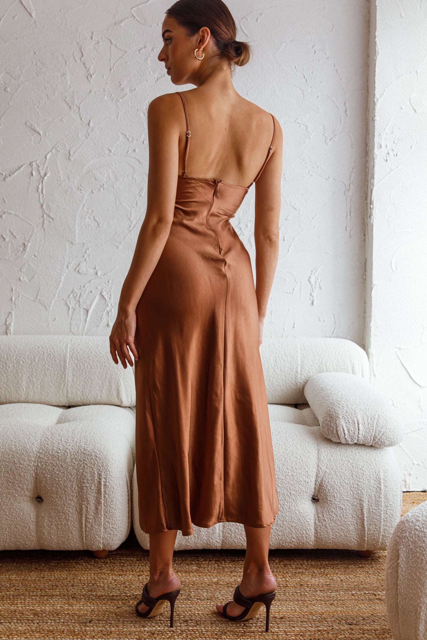 Invite Only Twisted Bust Satin Midi Dress Chocolate-Maymioy