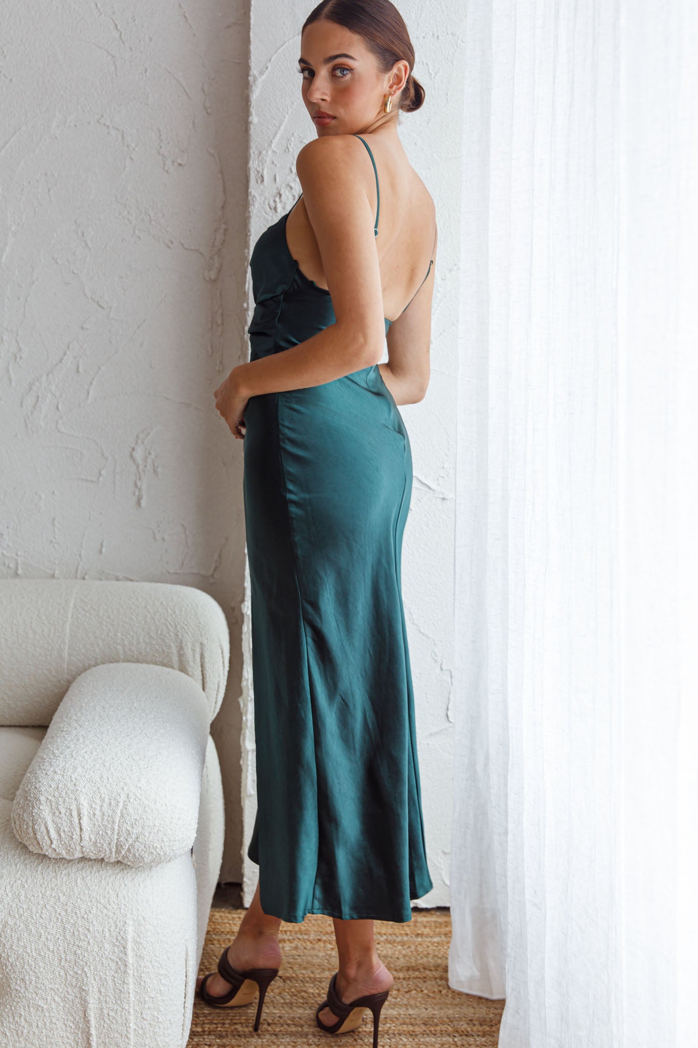 Invite Only Twisted Bust Satin Midi Dress Jade-Maymioy