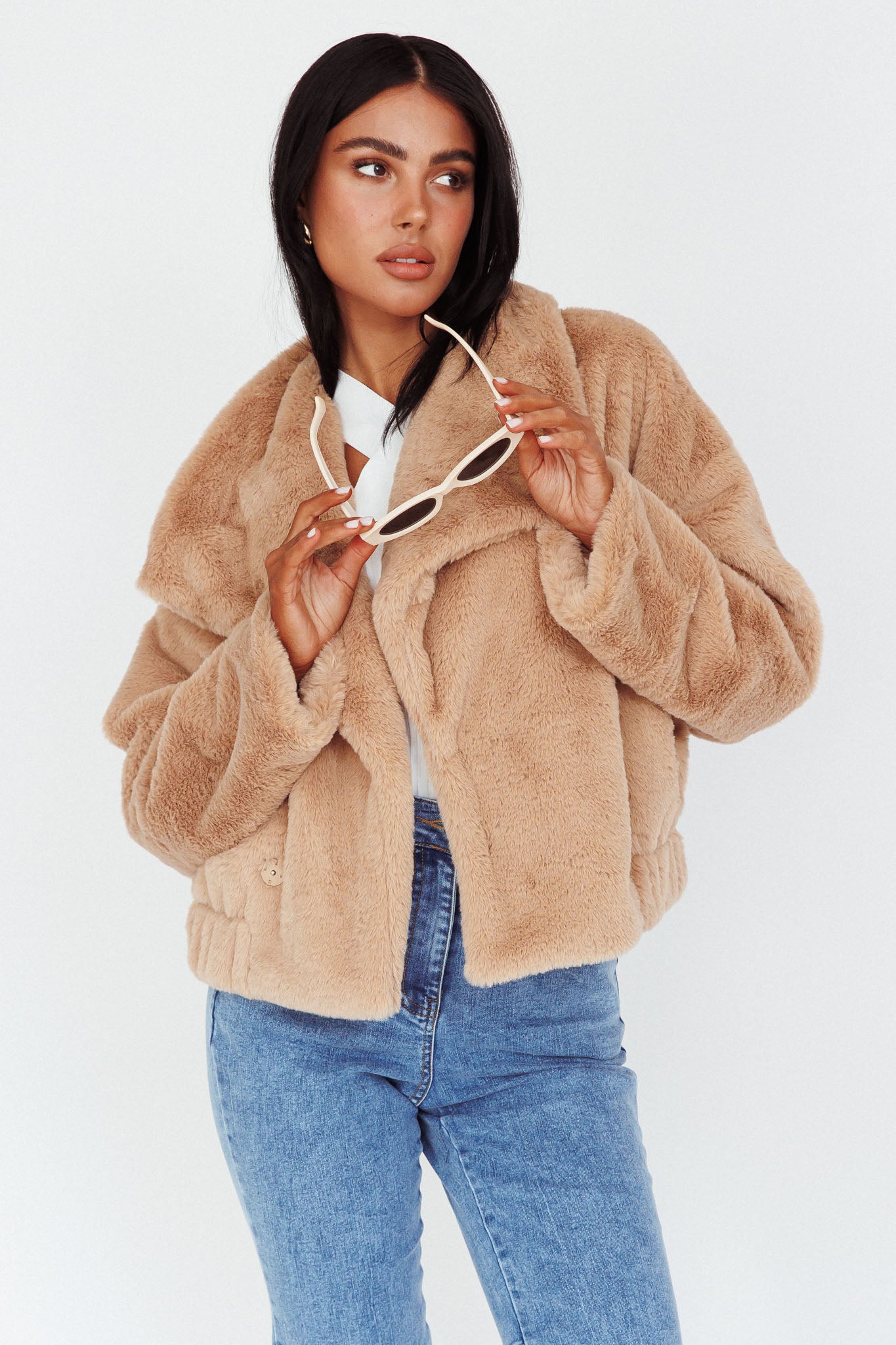 Yaro Long Sleeve Faux Fur Jacket Camel-Maymioy