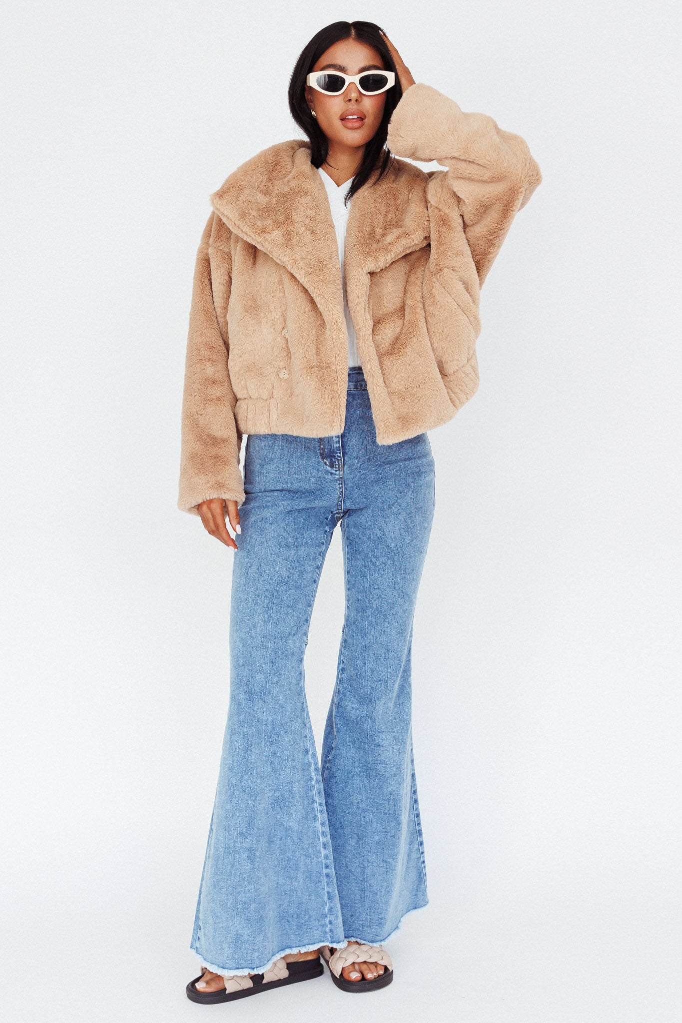 Yaro Long Sleeve Faux Fur Jacket Camel-Maymioy
