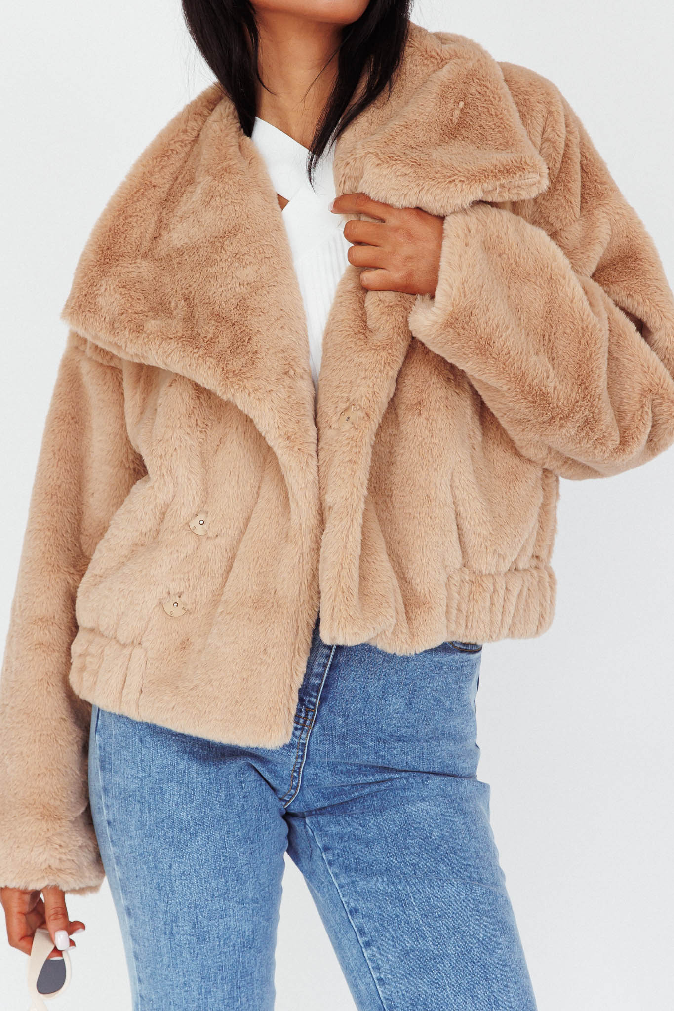 Yaro Long Sleeve Faux Fur Jacket Camel-Maymioy