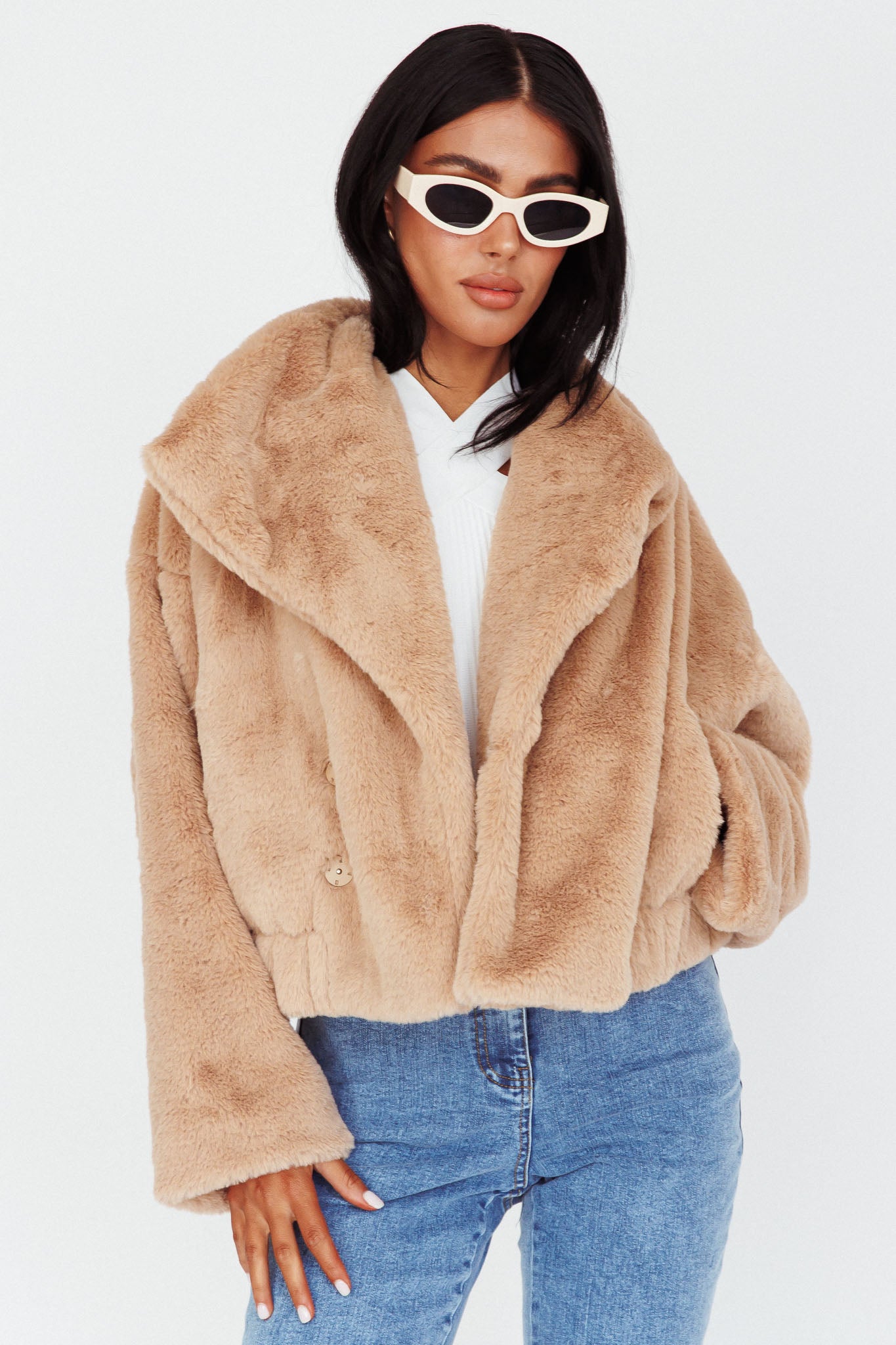 Yaro Long Sleeve Faux Fur Jacket Camel-Maymioy