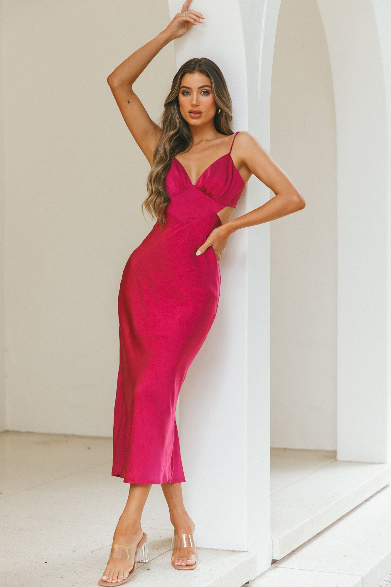 City Lights Cut-Out Waist Strappy Back Midi Dress Fuchsia-Maymioy