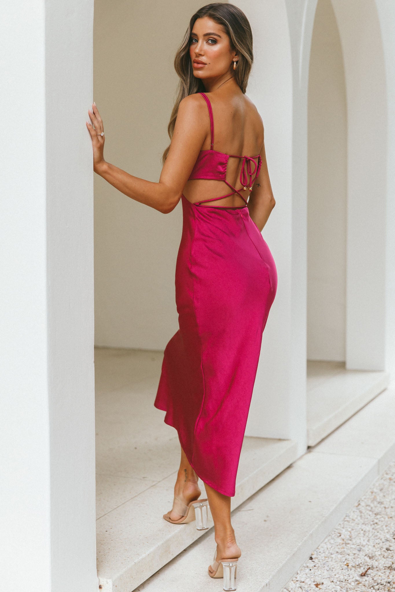 City Lights Cut-Out Waist Strappy Back Midi Dress Fuchsia-Maymioy