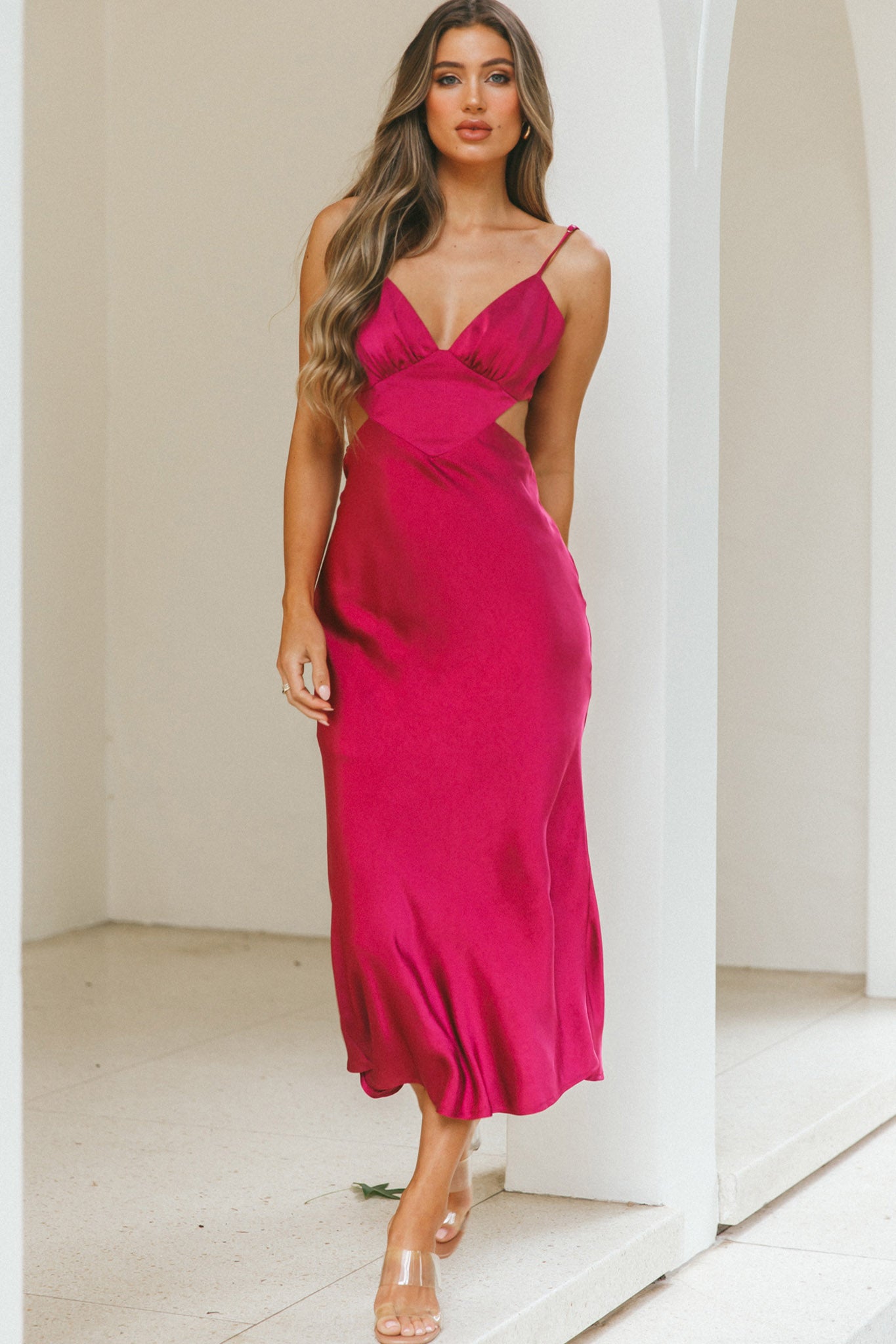 City Lights Cut-Out Waist Strappy Back Midi Dress Fuchsia-Maymioy