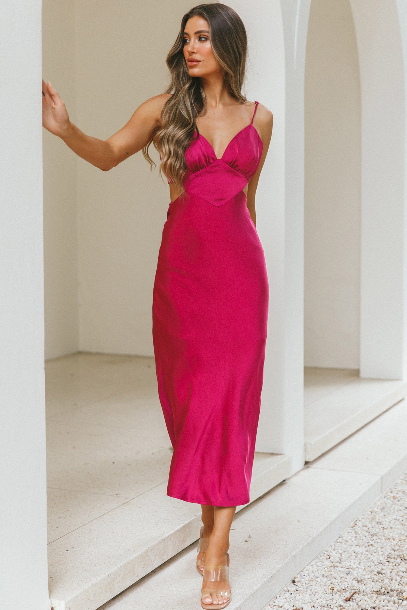City Lights Cut-Out Waist Strappy Back Midi Dress Fuchsia-Maymioy