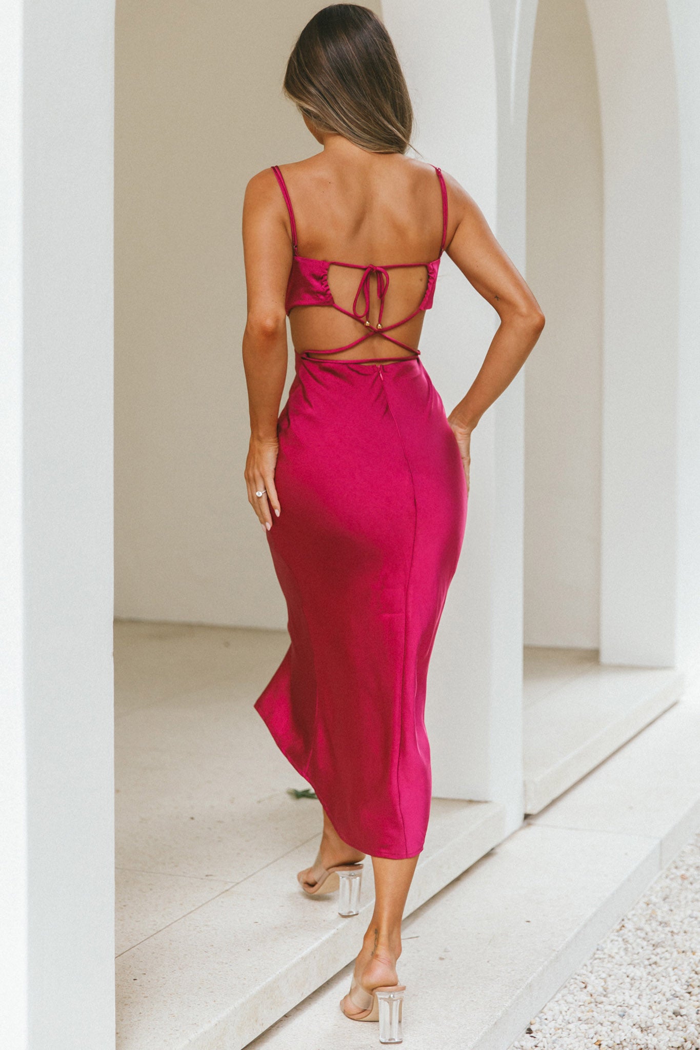 City Lights Cut-Out Waist Strappy Back Midi Dress Fuchsia-Maymioy