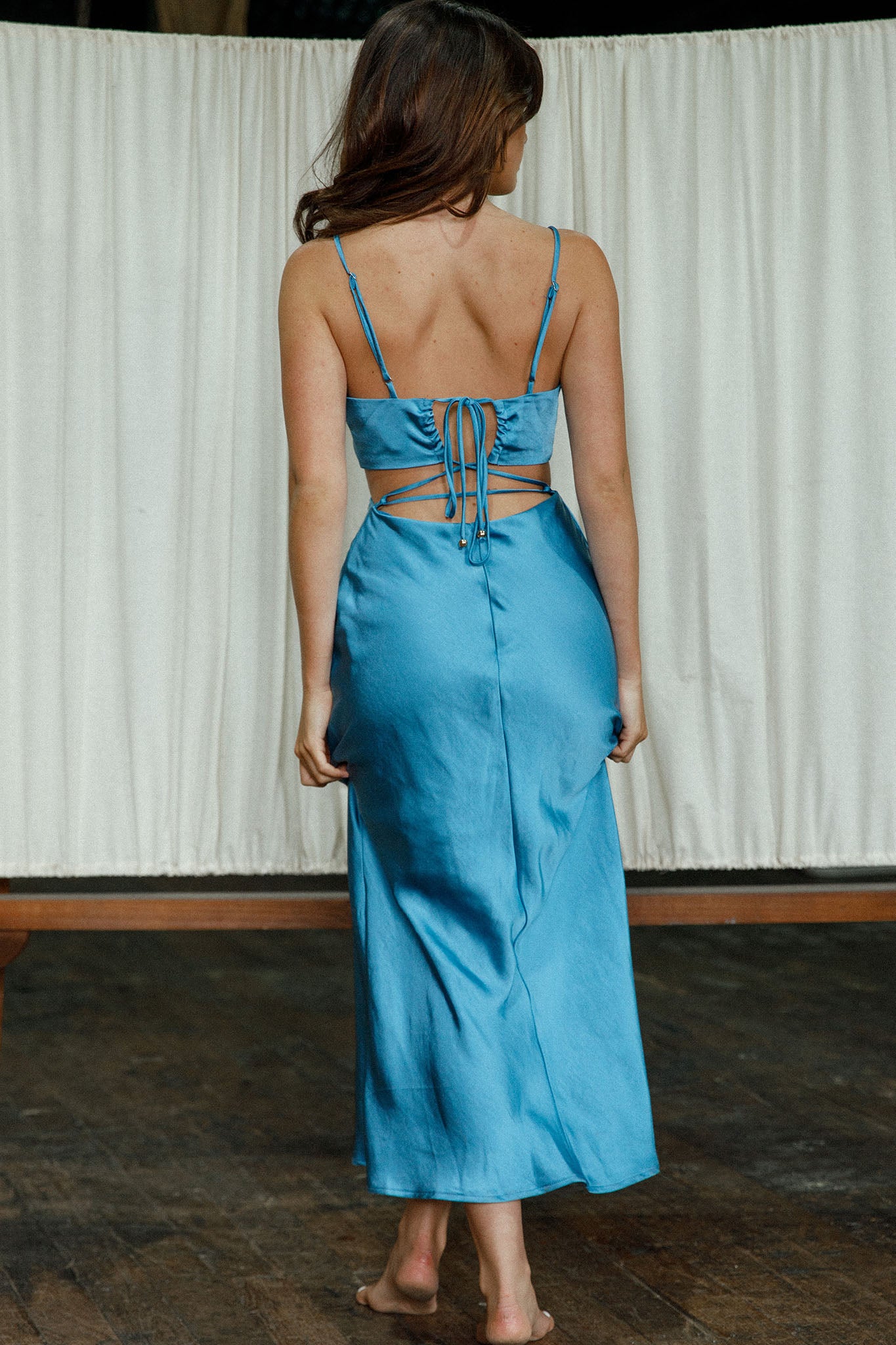 City Lights Cut-Out Waist Strappy Back Midi Dress Midnight Blue-Maymioy