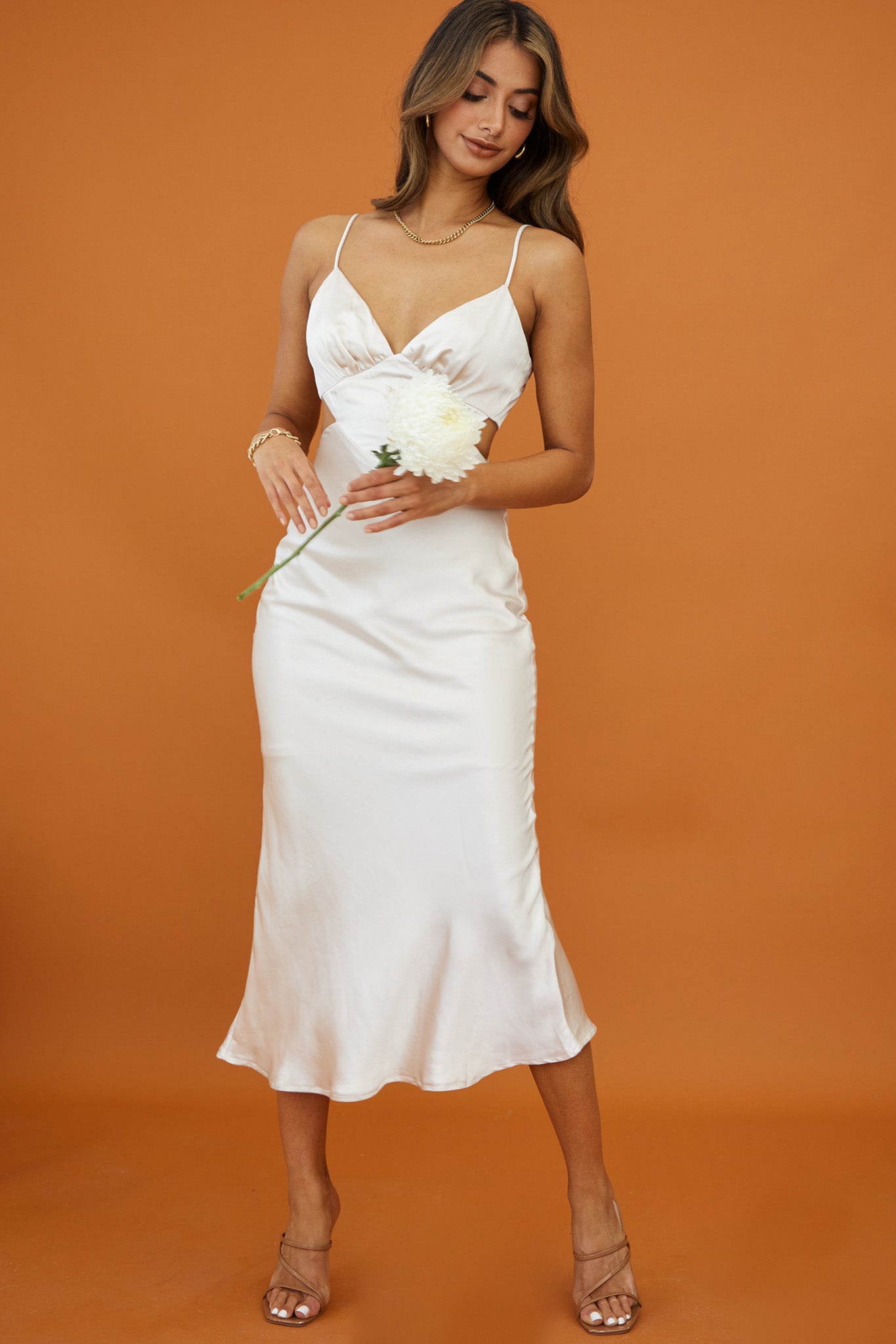 City Lights Cut-Out Waist Strappy Back Midi Dress Champagne-Maymioy