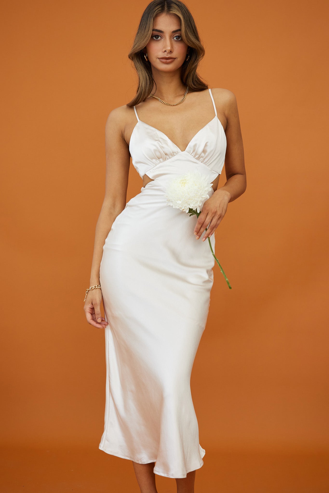 City Lights Cut-Out Waist Strappy Back Midi Dress Champagne-Maymioy